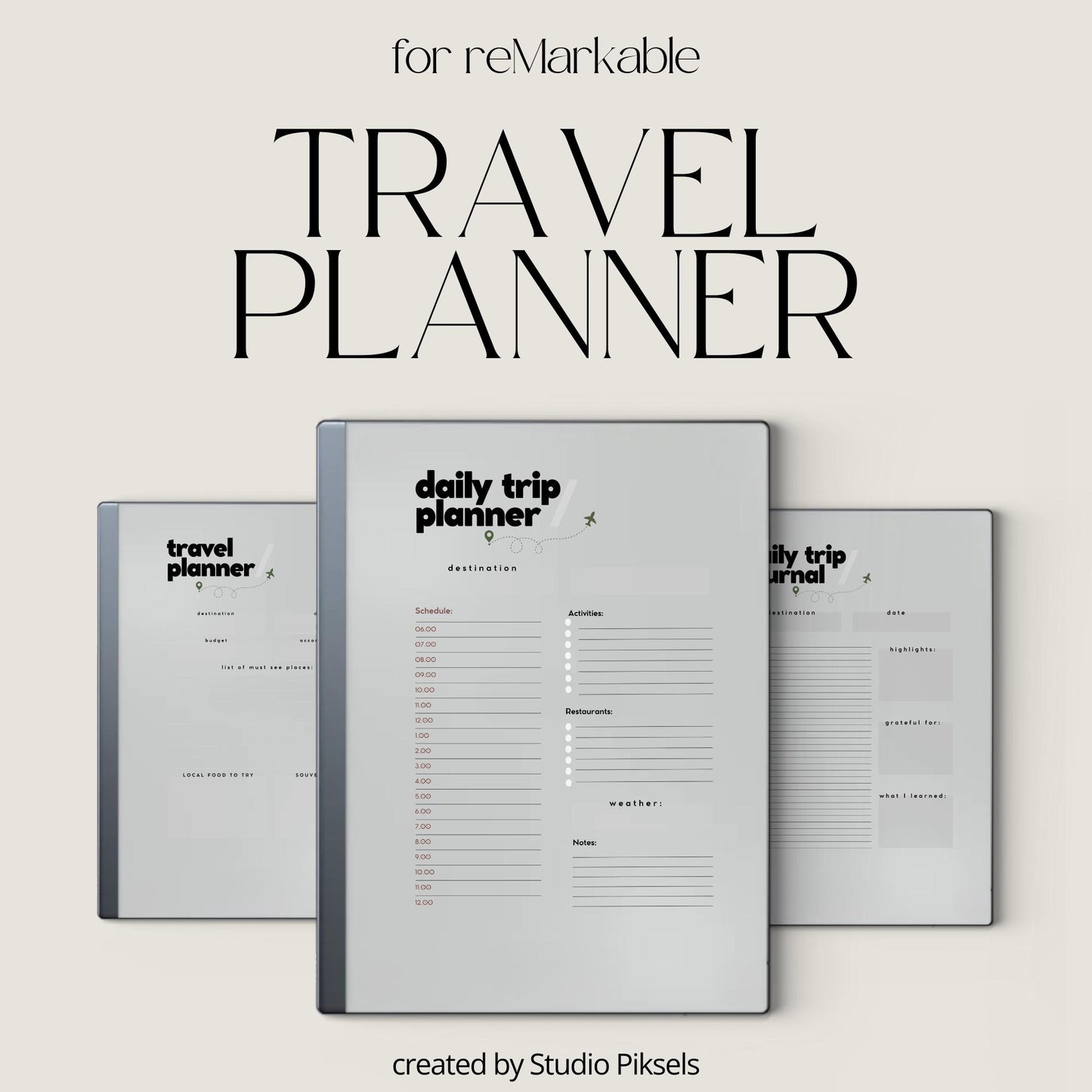 Daily Travel Planner PDF for reMarkable 1 and 2 with 21 day planner, journal pages, and minimalist trip layout.
