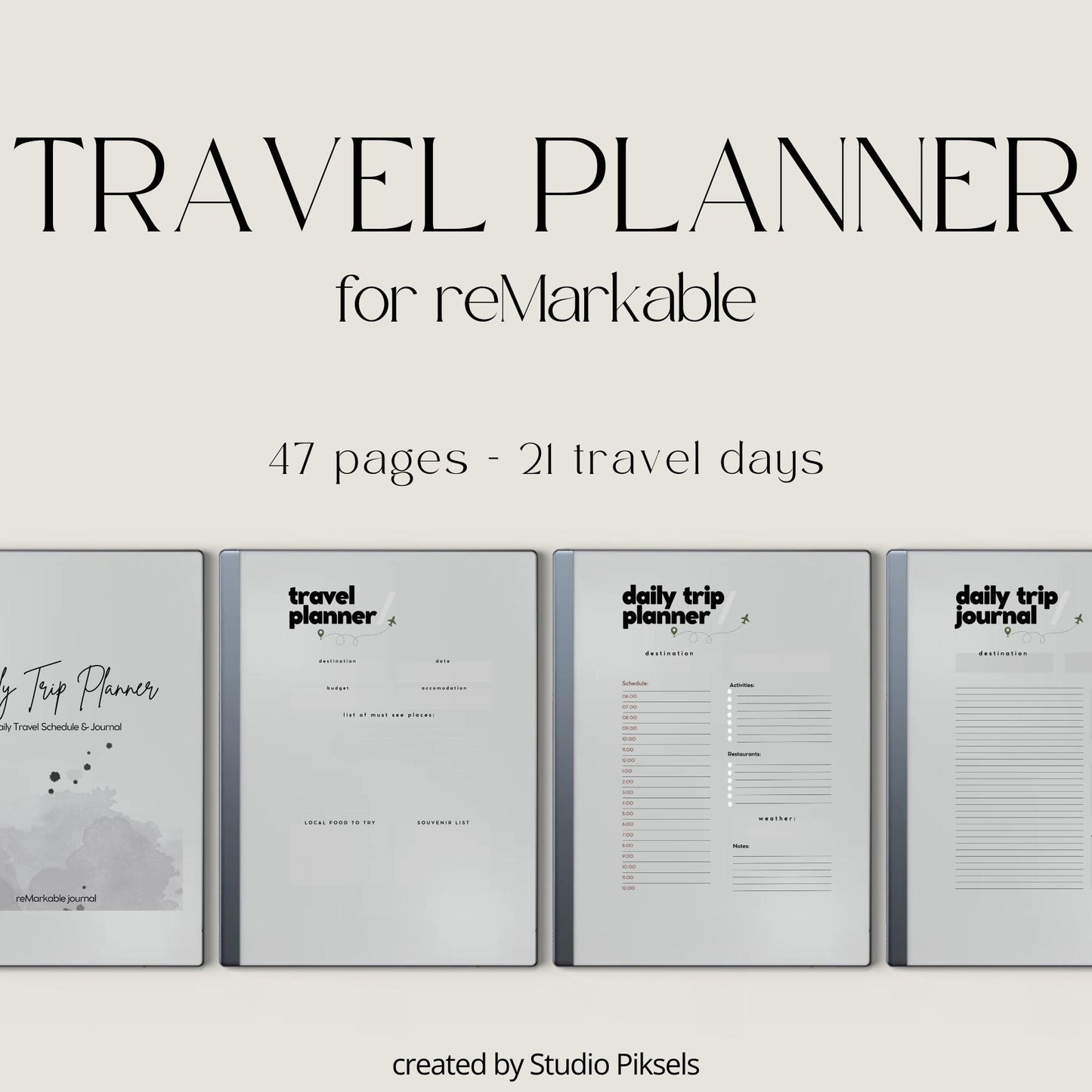 Daily Travel Planner PDF for reMarkable 1 and 2 with 21 day planner, journal pages, and minimalist trip layout.