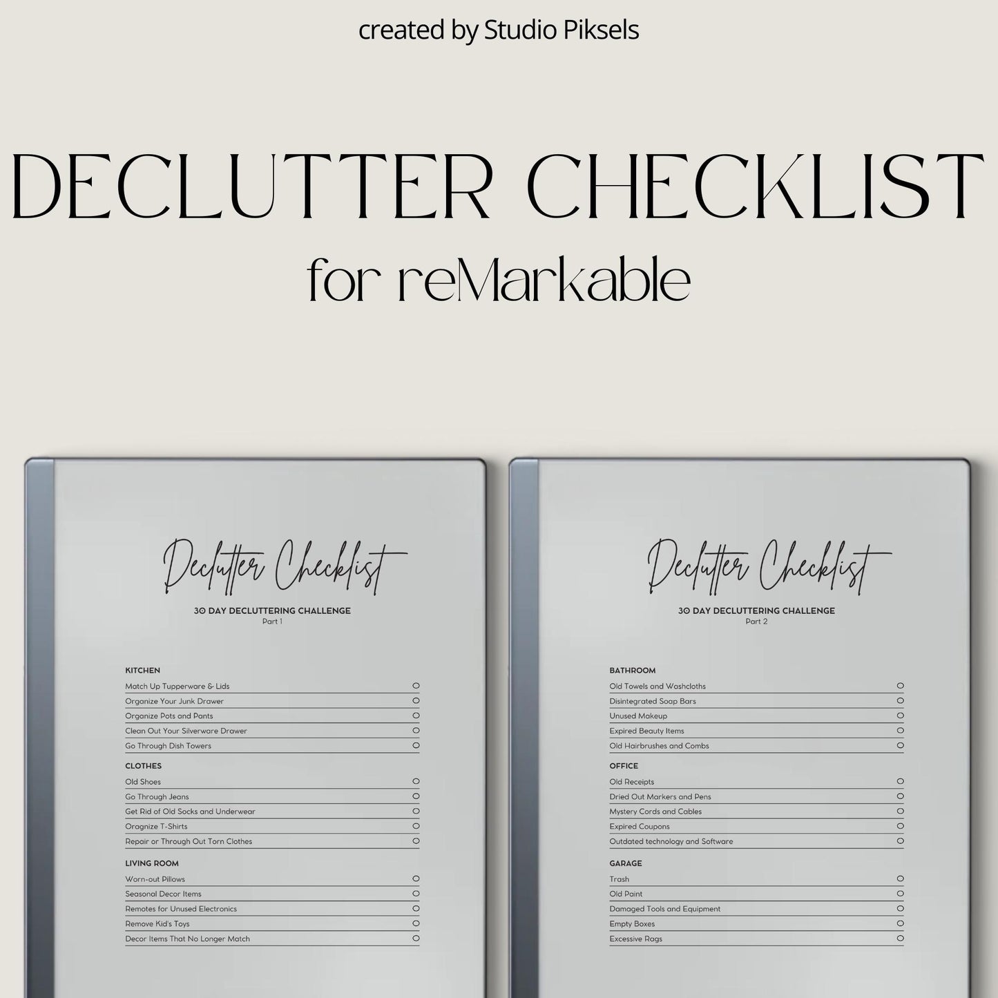 Decluttering Checklist for reMarkable 2 and reMarkable Paper Pure featuring a reusable 30-day home organization challenge with minimalist checklist and notes layouts