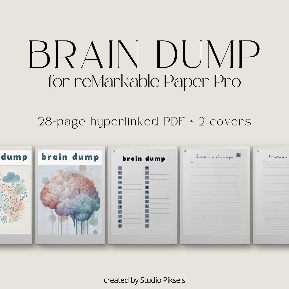 Brain Dump notebook PDF for reMarkable Paper Pro Move with 28 hyperlinked lined pages and two cover designs.
