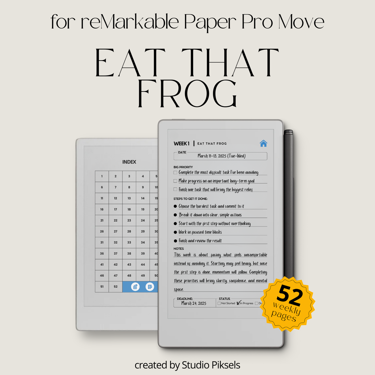 Hyperlinked Eat That Frog weekly planner PDF for reMarkable Paper Pro Move with focus layout and checklist pages.