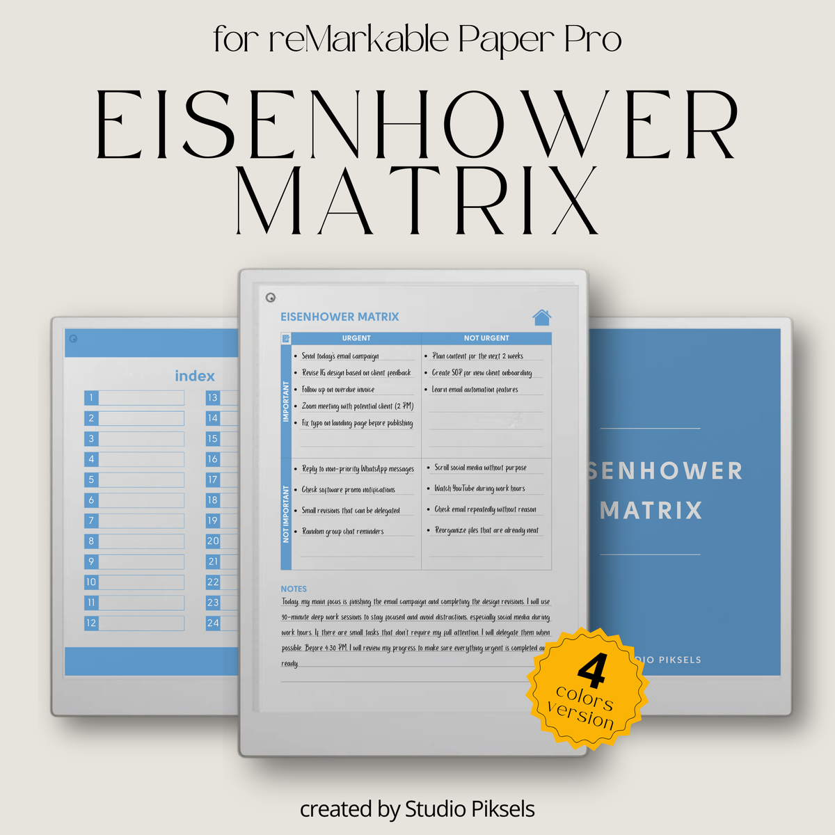 Eisenhower Matrix planner PDF for reMarkable Paper Pro Move with four quadrant task layout and checklist pages.