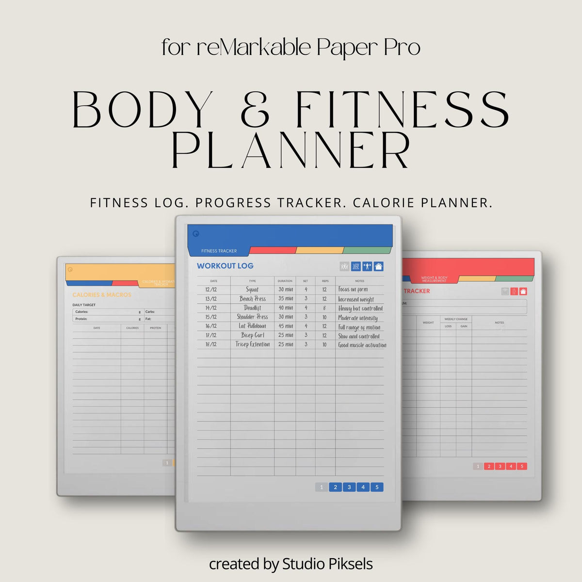 Fitness and health planner for reMarkable Paper Pro with hyperlinked trackers.