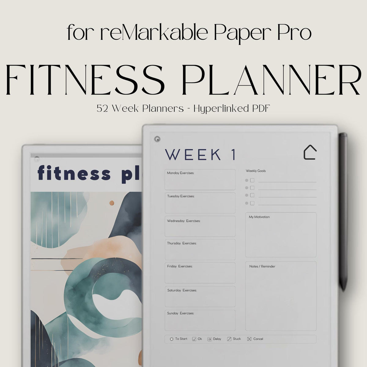 Fitness and health planner for reMarkable Paper Pro with hyperlinked trackers.