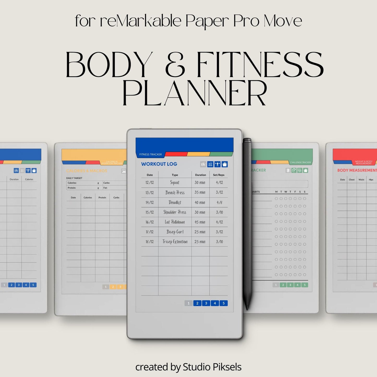 Fitness and health planner for reMarkable Paper Pro Move used to track workouts, body measurements, calories, hydration, and daily health habits.