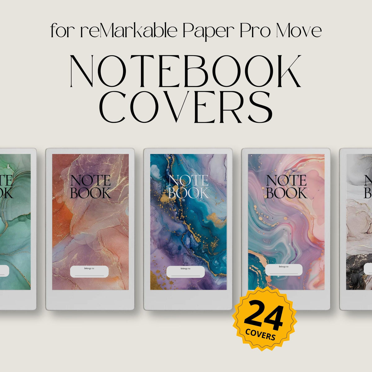Gemstone notebook cover bundle for the reMarkable Paper Pro Move featuring 24 mineral stone digital covers, crystal textures, and library organization styles.