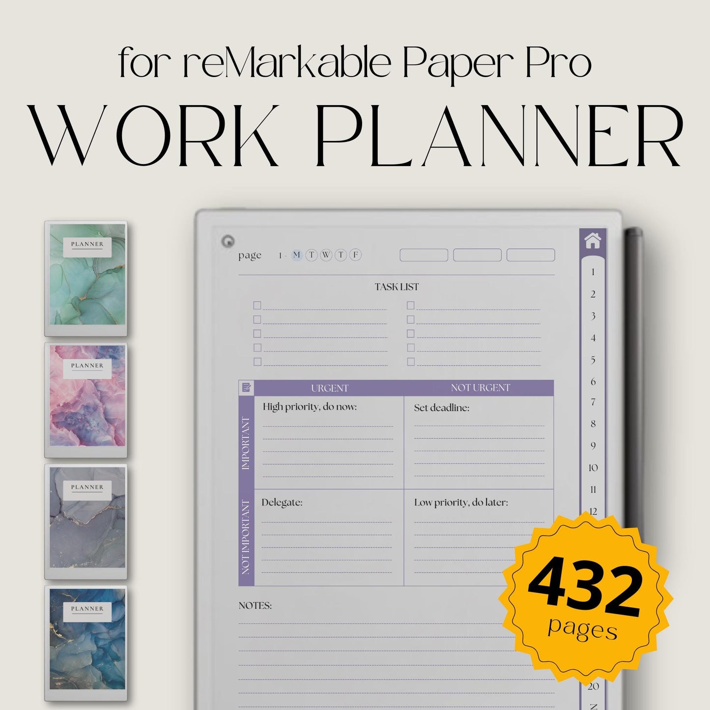Girl Boss Work Planners for reMarkable Paper Pro with gemstone inspired covers, hyperlinked daily planner pages, and Eisenhower Matrix layout.