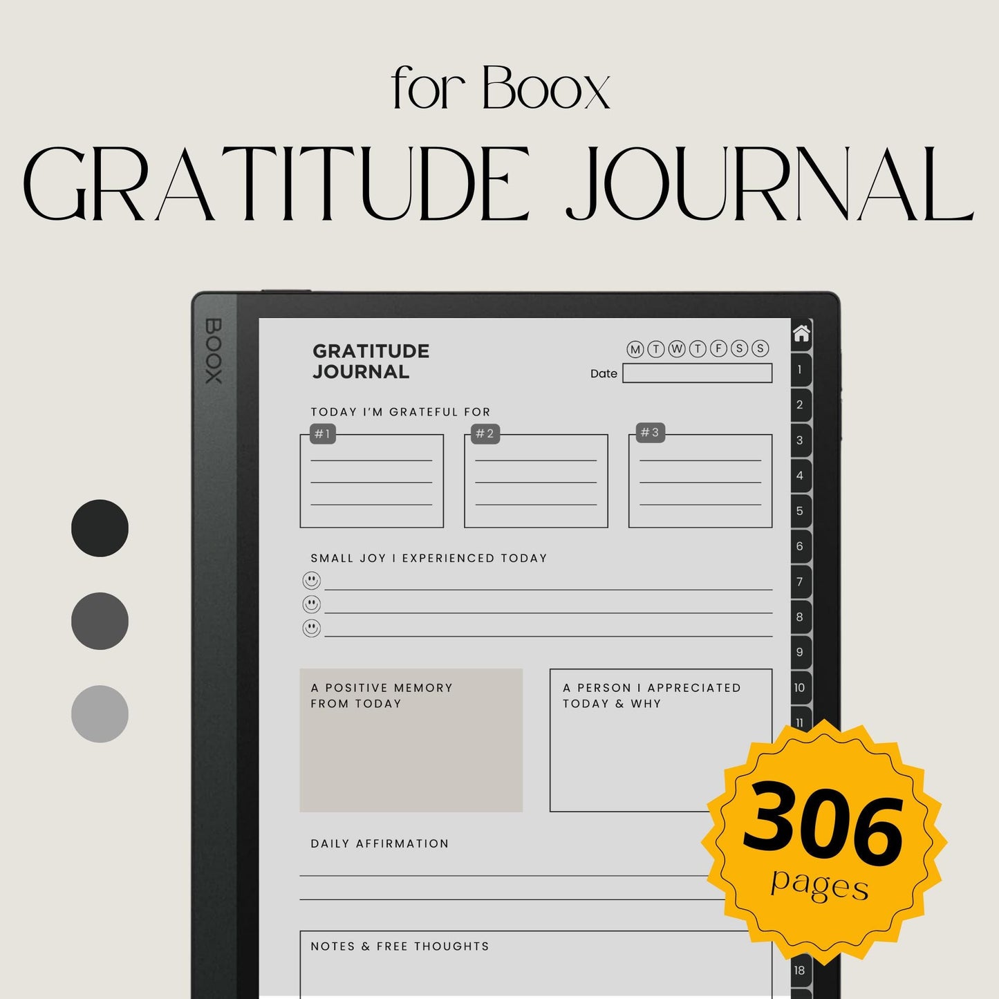 Gratitude Journal Bundle for BOOX with hyperlinked gratitude pages, mindfulness prompts, and grayscale digital reflection journals.