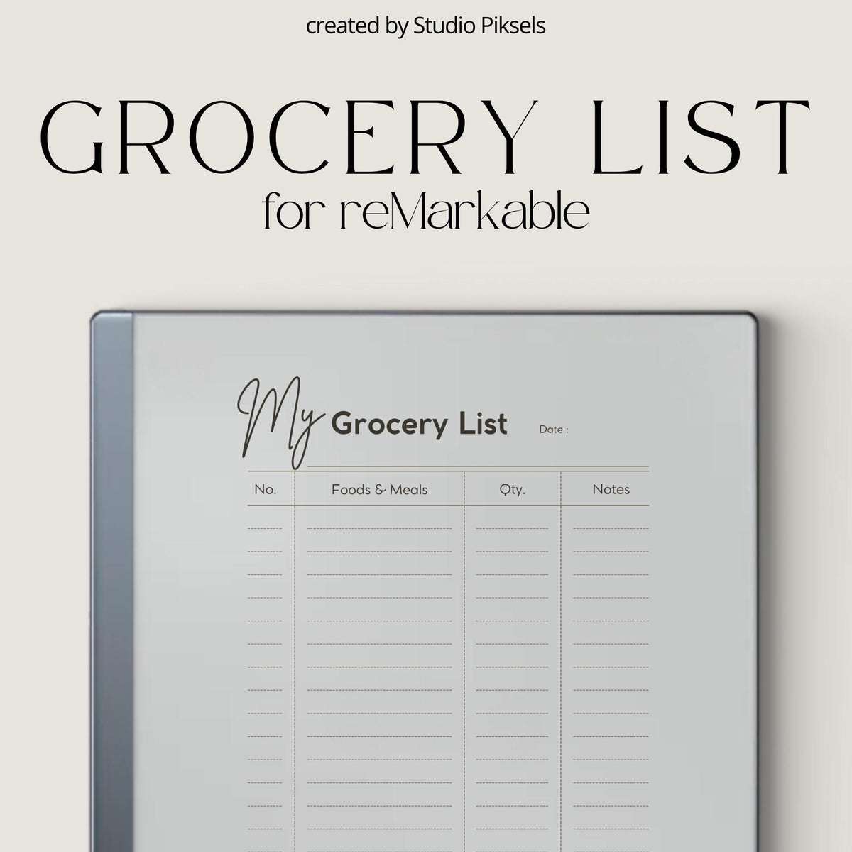 Grocery List Planner PDF for reMarkable 2 and Paper Pure with grayscale shopping list pages and minimalist grocery organization layout