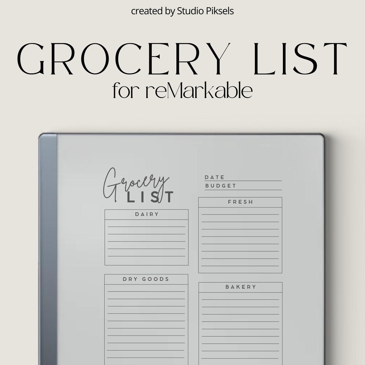 Digital grocery list planner for reMarkable Paper Pure and reMarkable 2 with reusable shopping pages and minimalist layouts