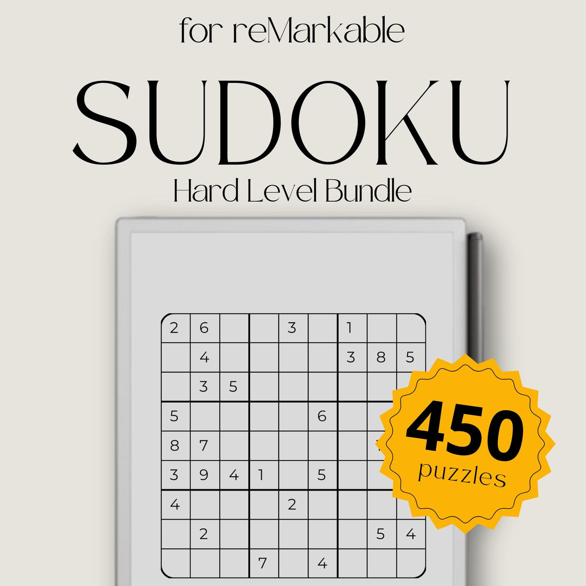 Hard Sudoku Puzzle Bundle for reMarkable cover showing the clean and minimalist grid layout optimized for e-ink devices.
