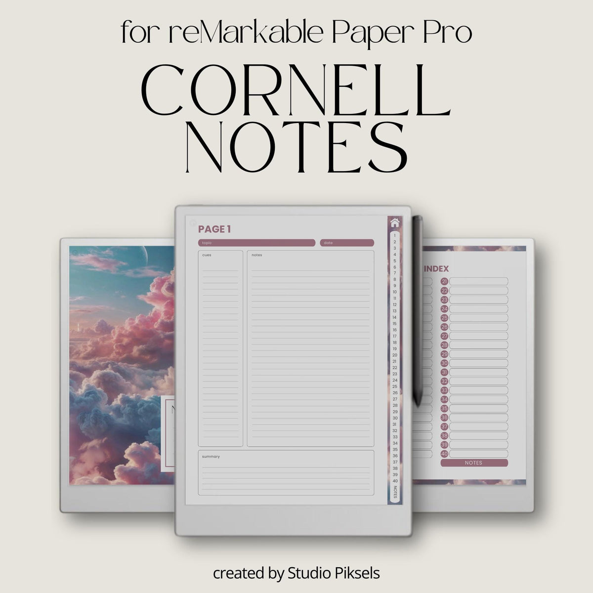 Cornell Notebook Bundle for reMarkable tablets with hyperlinked Cornell notes pages, cloud-themed digital notebooks, structured study layouts, lined note pages, and organized note-taking templates for learning and productivity.