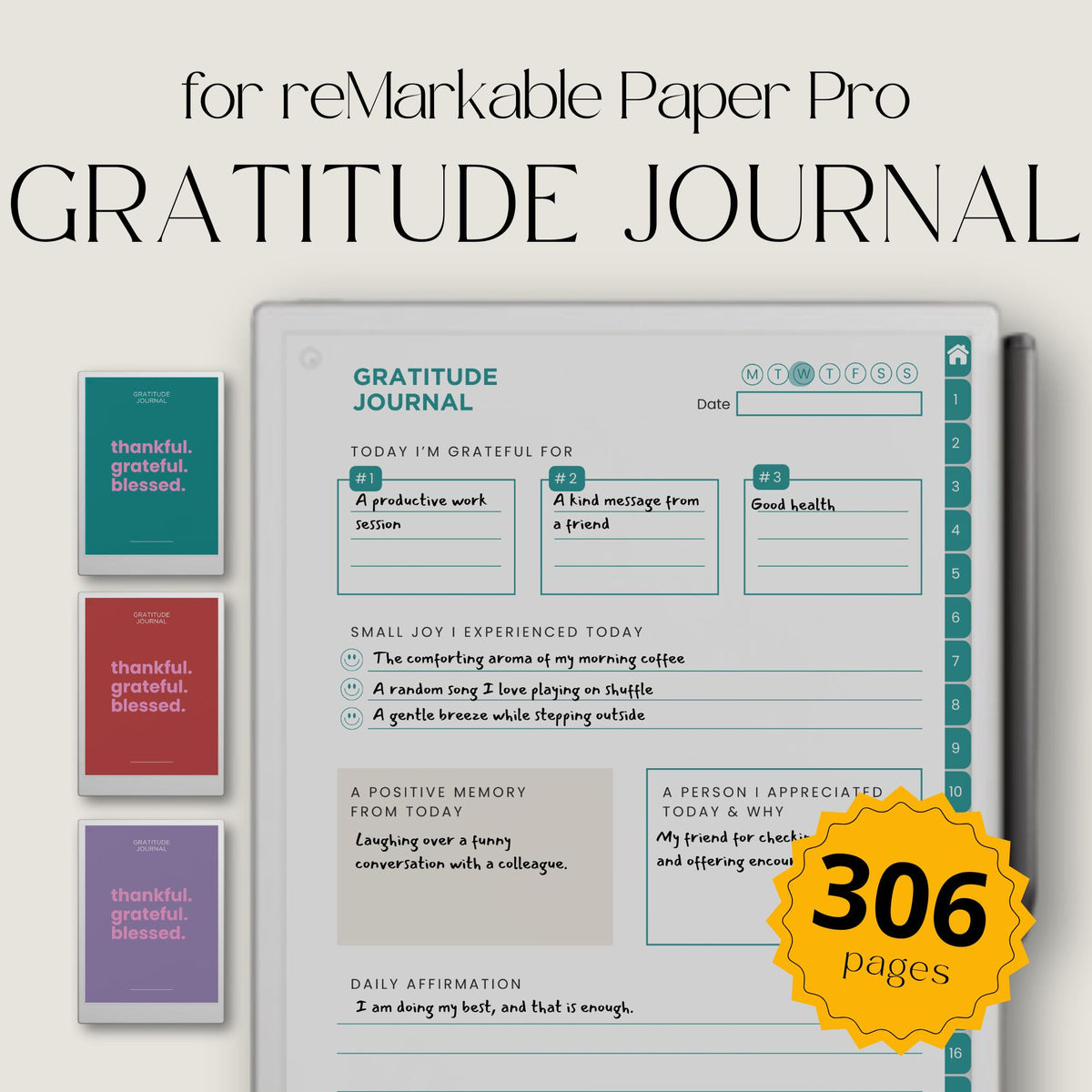 Hyperlinked Gratitude Journal Bundle for reMarkable Paper Pro with daily gratitude prompts, affirmation pages, reflection layouts, customizable indexes, and reusable digital journaling pages.