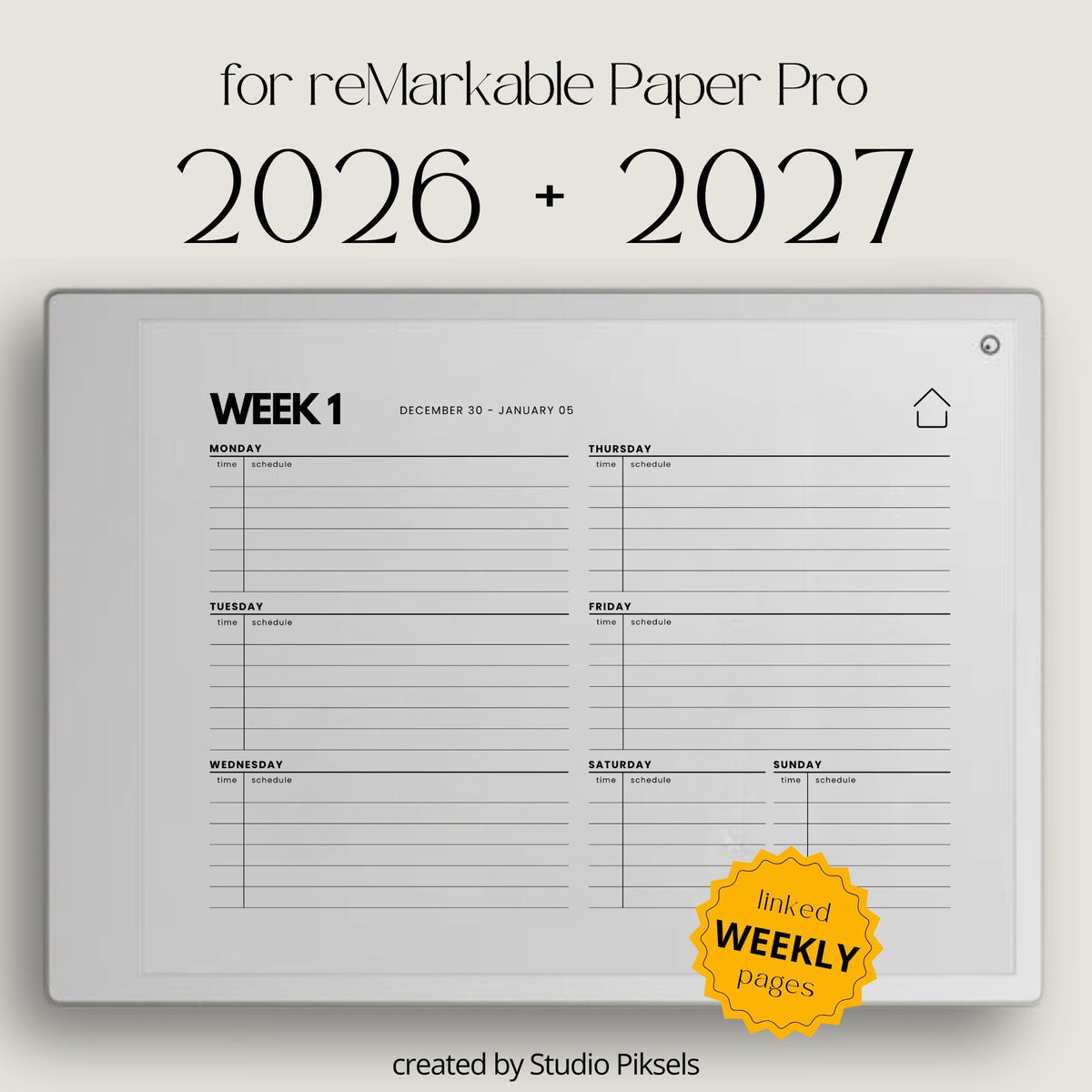 2026-2027 weekly planner for reMarkable Paper Pro with horizontal layout.