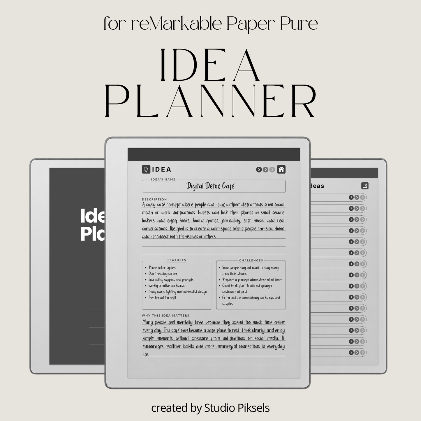 Idea Planner PDF for reMarkable Paper Pure and reMarkable 2 with hyperlinked planning pages and brainstorming templates.