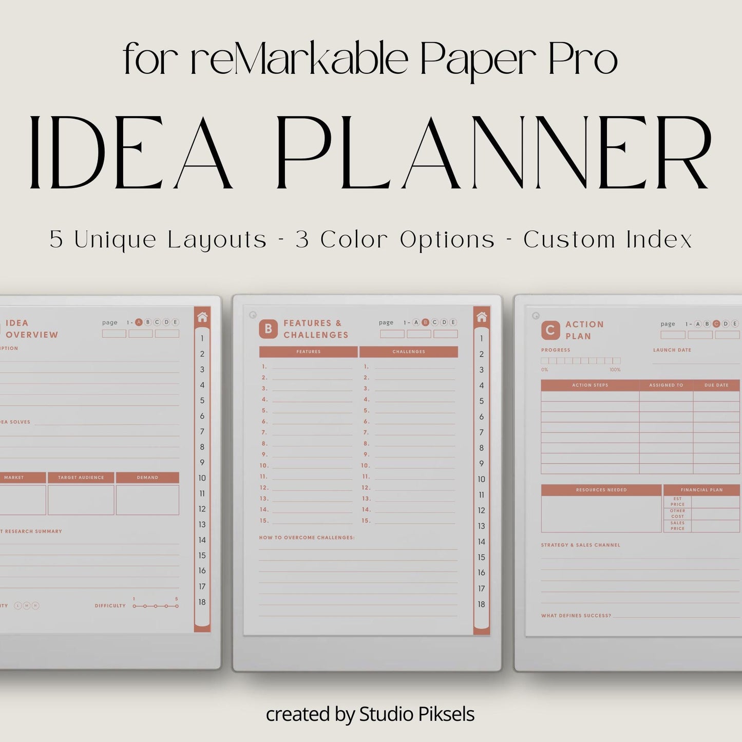 Idea Planners for reMarkable Paper Pro with hyperlinked action plan, launch checklist, brain dump, and structured idea development templates.
