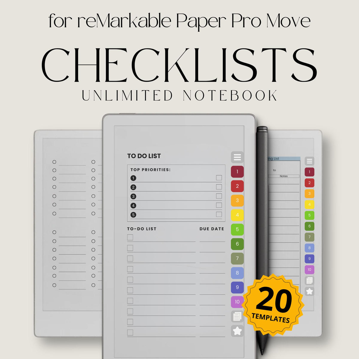 Infinite checklist notebook for reMarkable Paper Pro Move with hyperlinked checklist templates.
