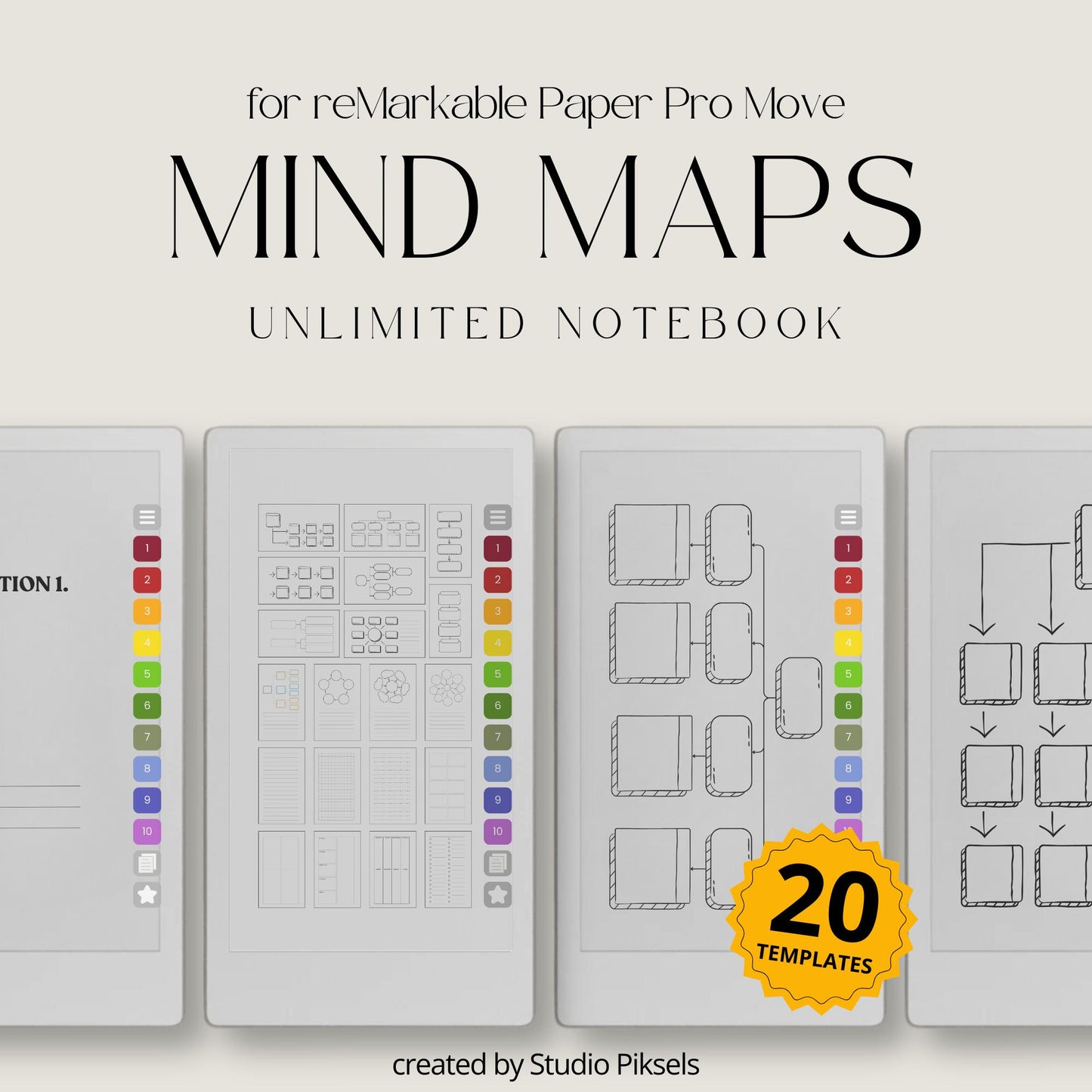 Mind map notebook for reMarkable Paper Pro Move with hyperlinked visual planning templates.