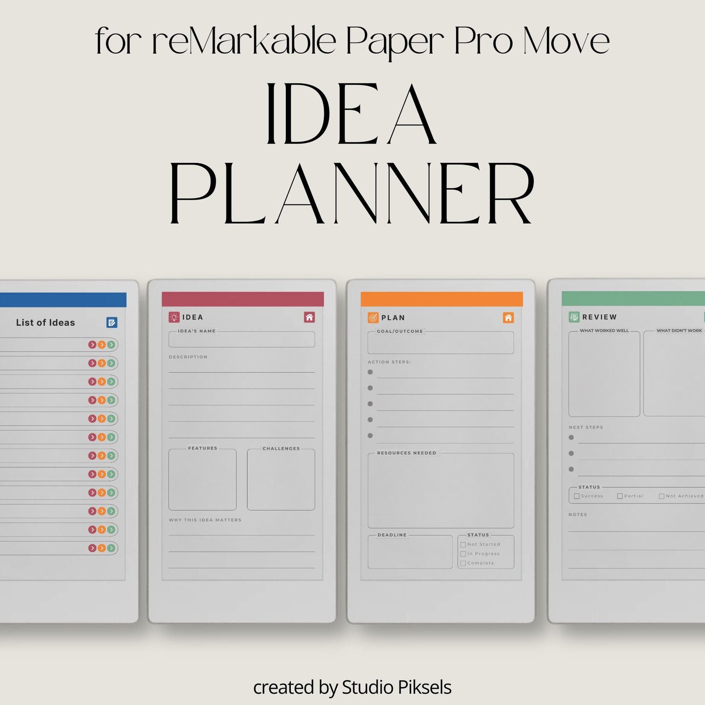 Brainstorm and sketch ideas using lined, grid, and blank notes pages on reMarkable Paper Pro Move.