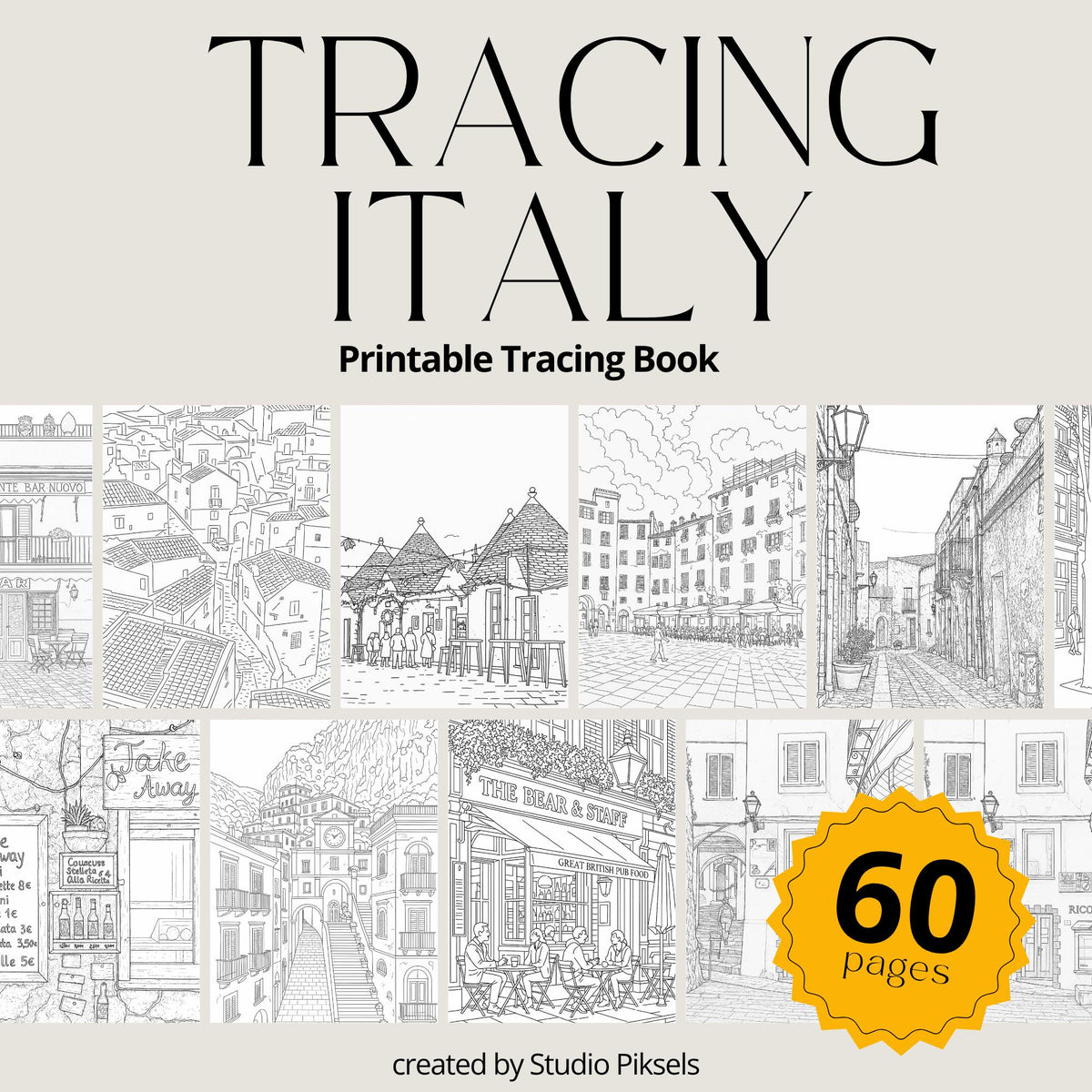 Italy Tracing Book for reMarkable and Procreate 60 printable coloring pages featuring Italian landmarks and architecture, also suitable for digital tracing