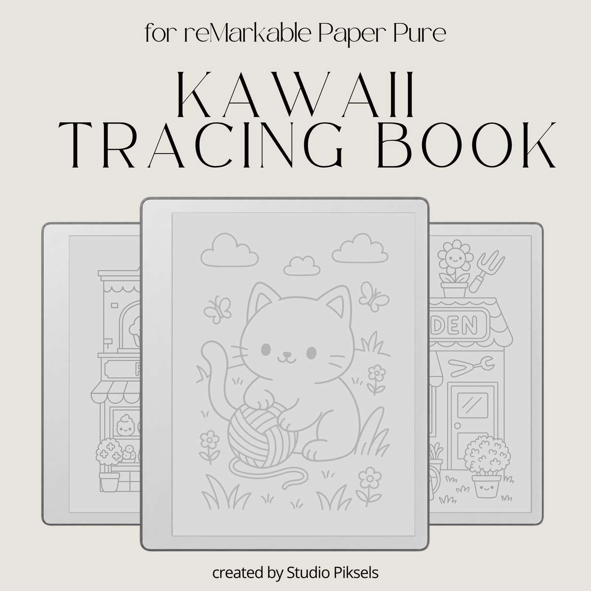 Kawaii tracing book bundle for reMarkable 1, reMarkable 2, and Paper Pure with cute cat life scenes, storefront illustrations, and reusable PDF drawing practice pages.