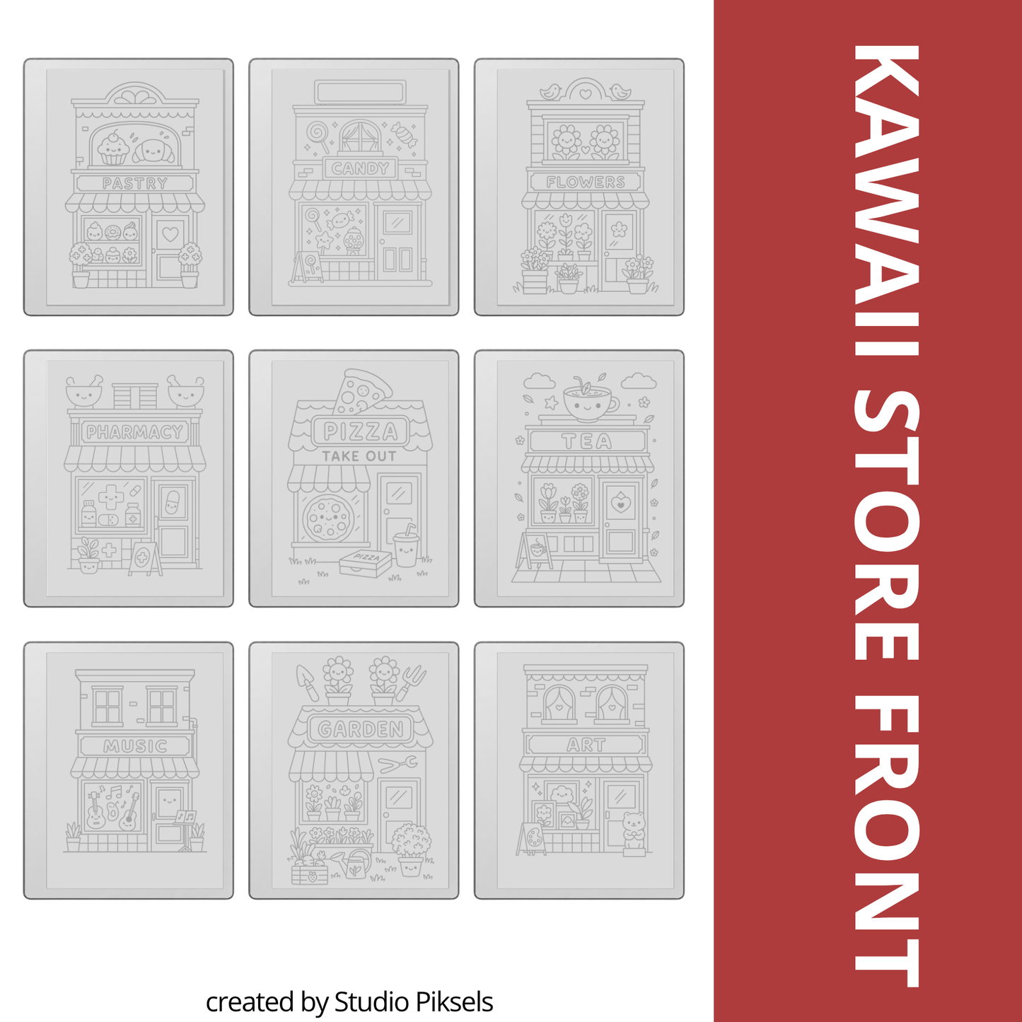 Kawaii tracing book bundle for reMarkable 1, reMarkable 2, and Paper Pure with cute cat life scenes, storefront illustrations, and reusable PDF drawing practice pages.