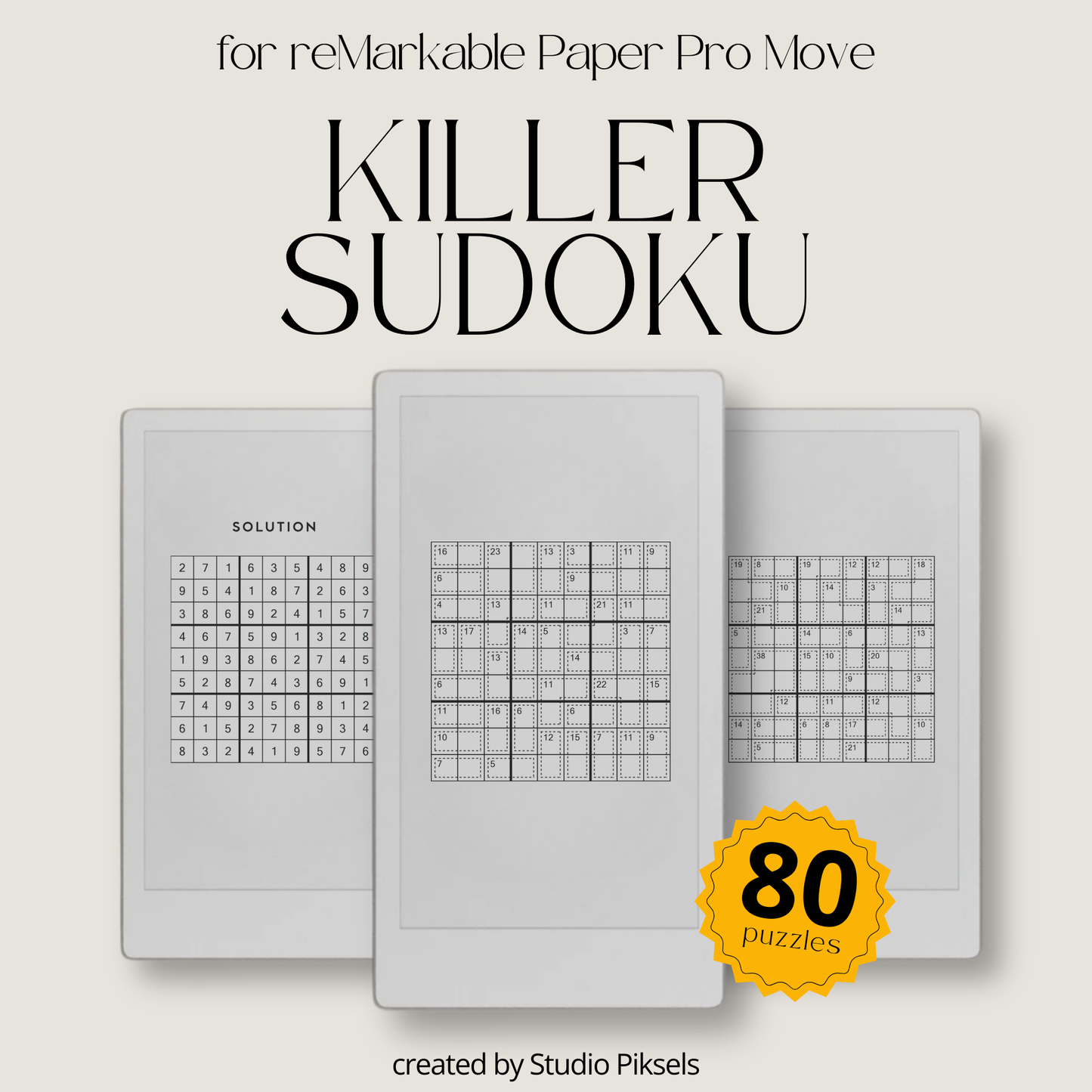 Killer Sudoku book for reMarkable Paper Pro Move with 80 puzzles