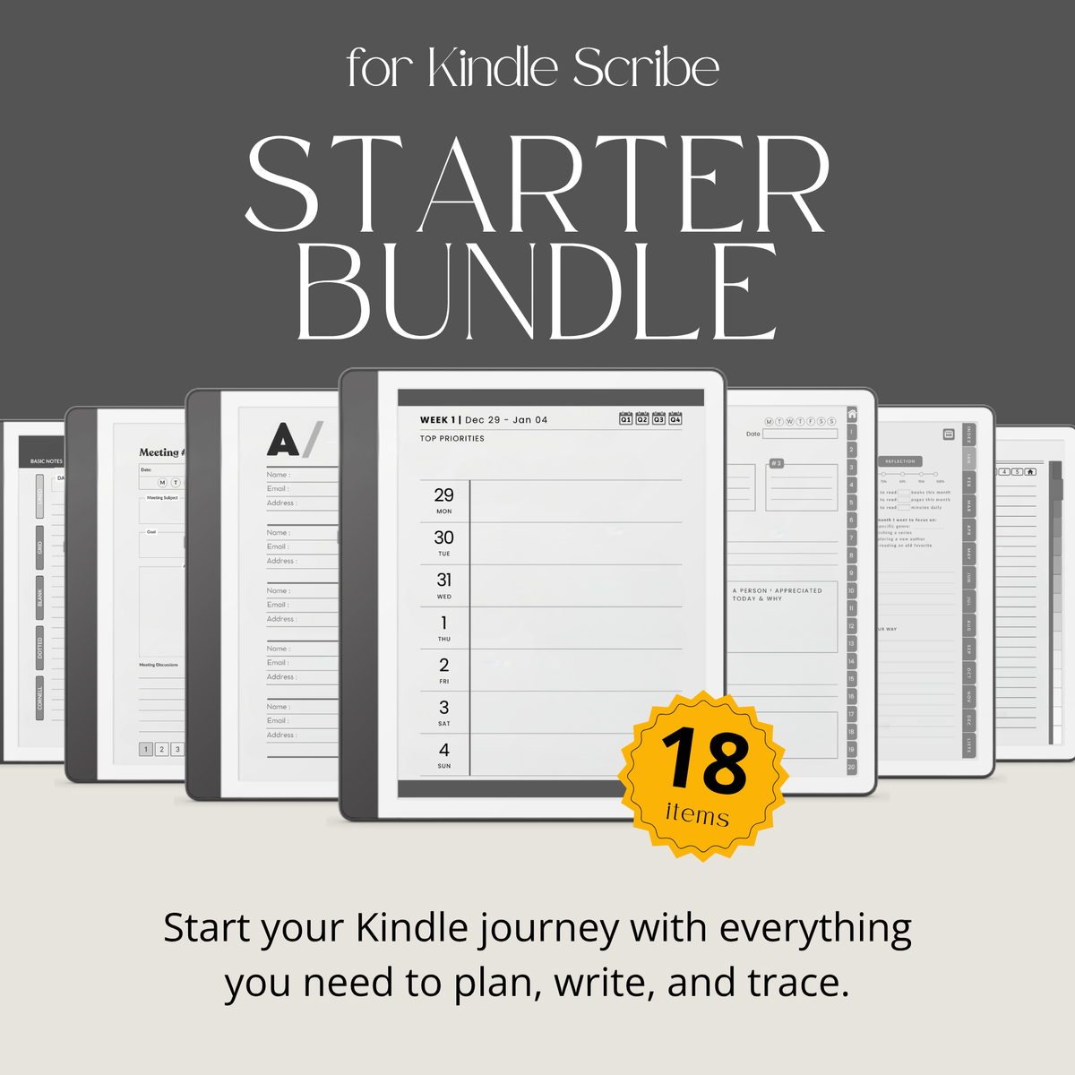 Kindle Scribe Starter Bundle, showing several digital planner and document templates