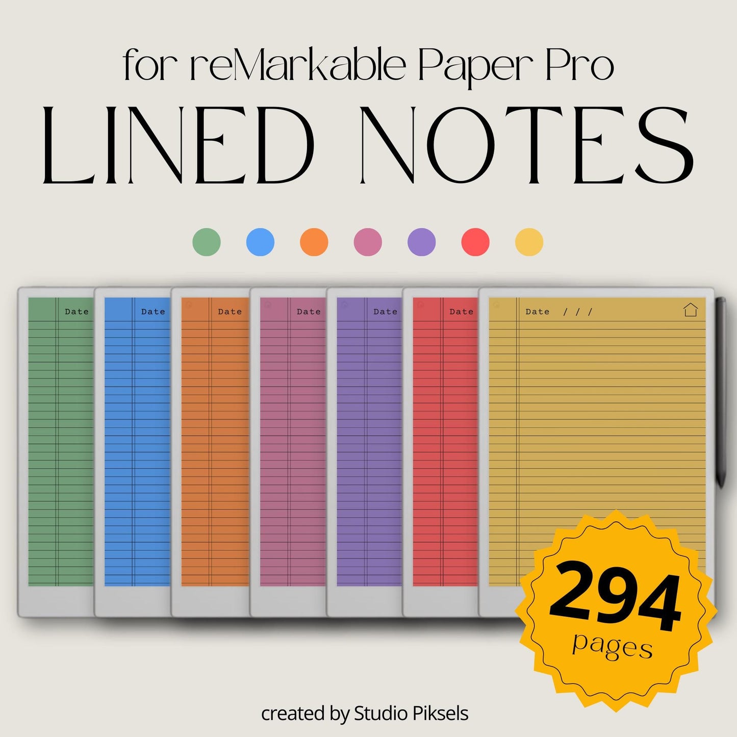 Legal Pad Notebook Bundle for reMarkable Paper Pro with seven color-coded hyperlinked notebooks, classic legal pad note pages, interactive indexes, lined writing templates, and reusable digital notebooks for organized note-taking, project planning, journaling, brainstorming, and meeting notes.