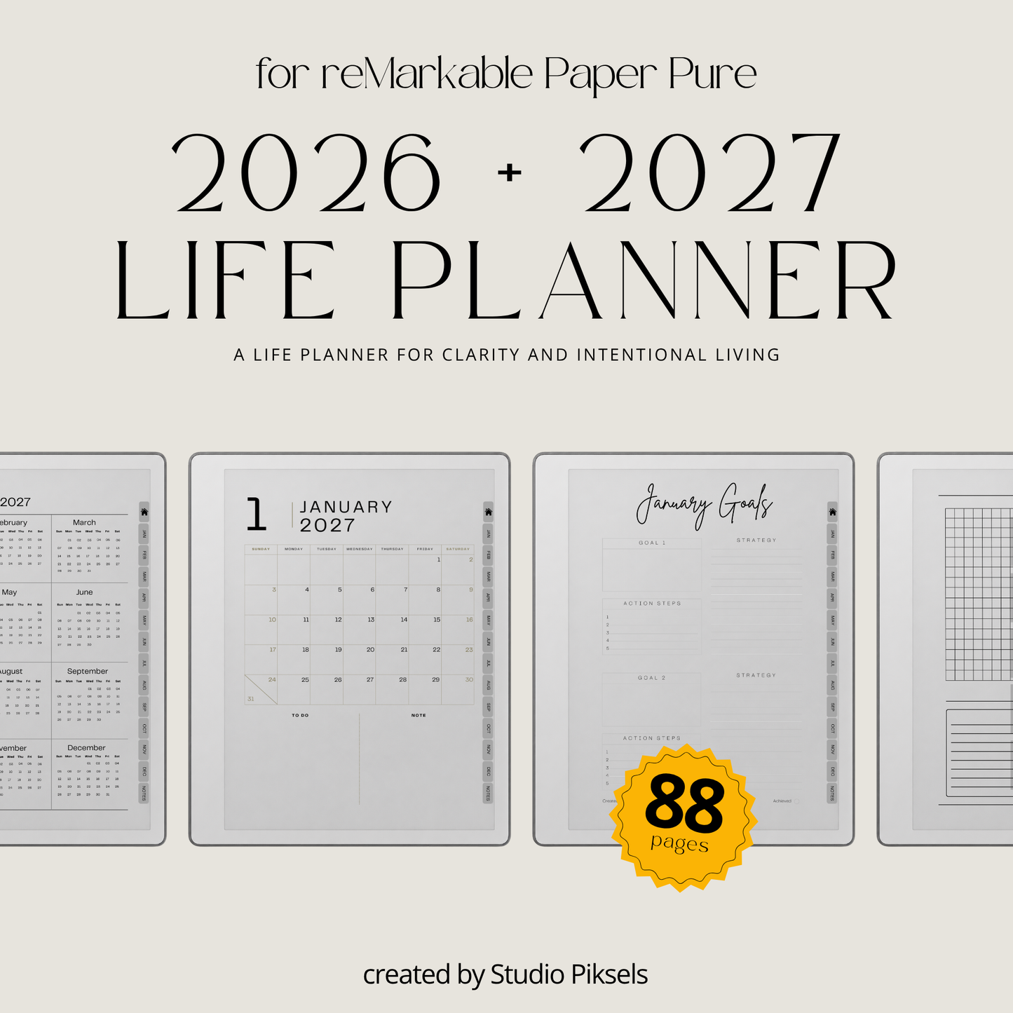 2026 + 2027 Ultimate Life Planner for reMarkable Paper Pure & reMarkable 2 featuring hyperlinked calendars, goal planning, budgeting, notes, and minimalist layouts.
