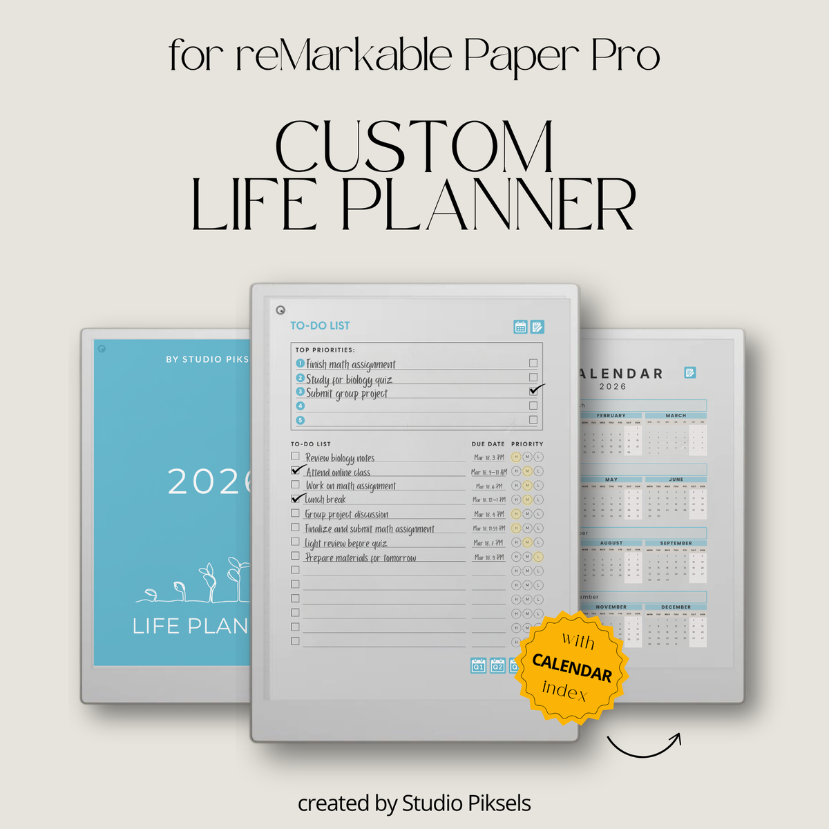 Life Planner 2026 PDF for reMarkable Paper Pro with hyperlinked calendar, templates, and customizable pages.