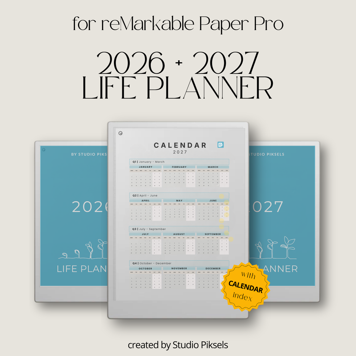 Life Planner Bundle 2026 and 2027 PDF for reMarkable Paper Pro with hyperlinked calendar and customizable templates.