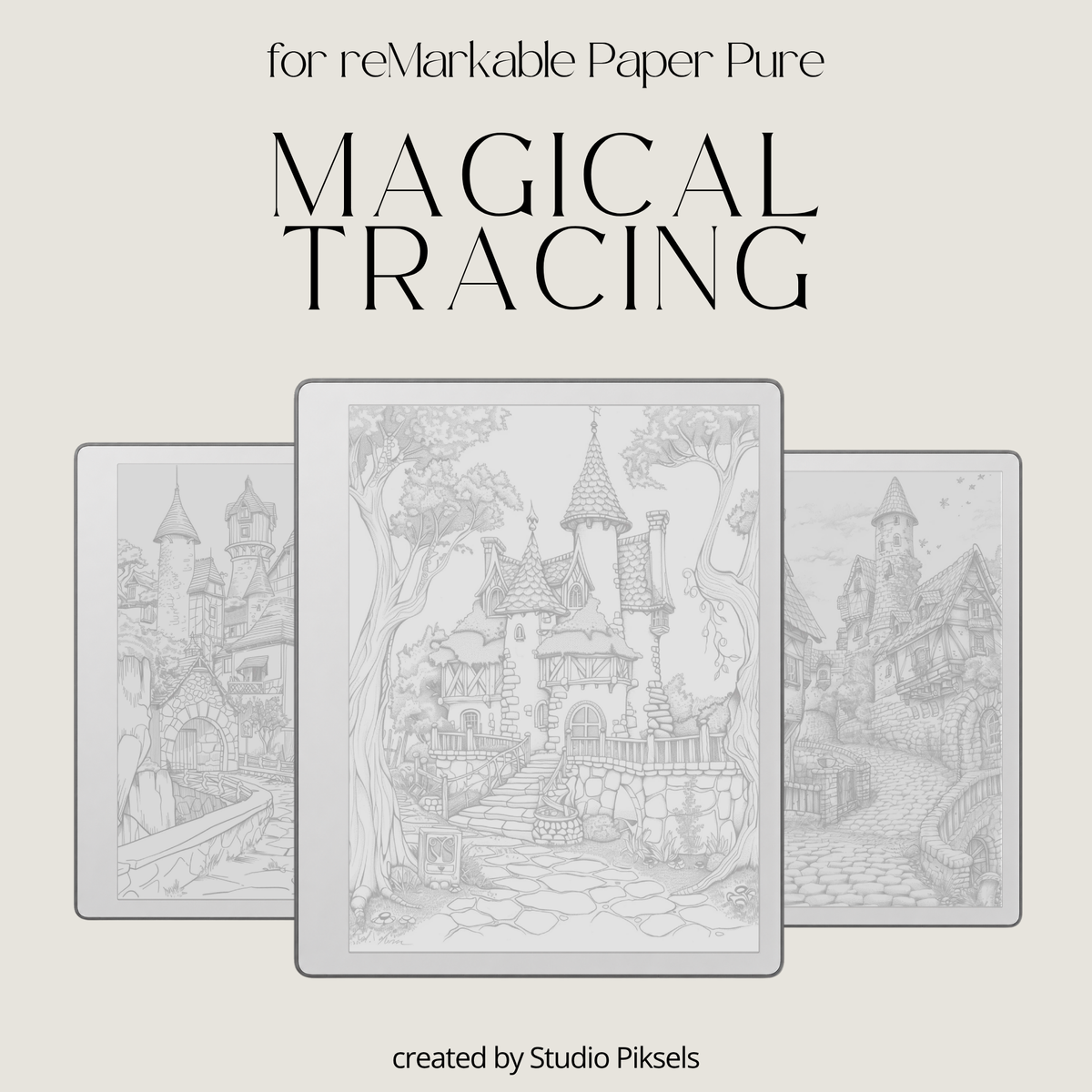Digital tracing book for reMarkable 1, 2, and Paper Pure with 80 fairy tale-inspired pages, featuring castles, cottages, enchanted forests, mythical creatures, and whimsical characters, optimized for mindful tracing and creative relaxation.