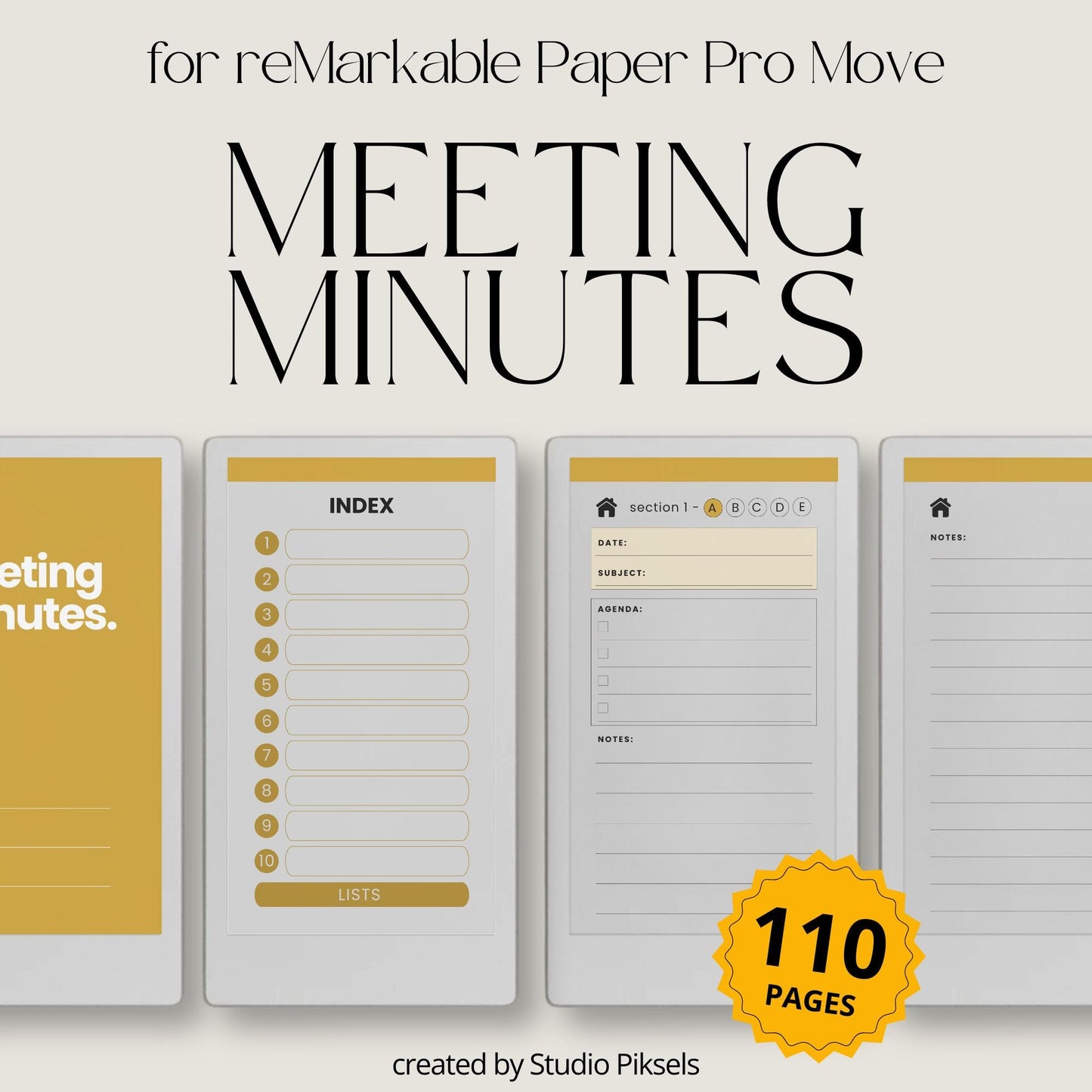 Record meeting agendas, notes, and decisions using a structured meeting minutes notebook on reMarkable Paper Pro Move.