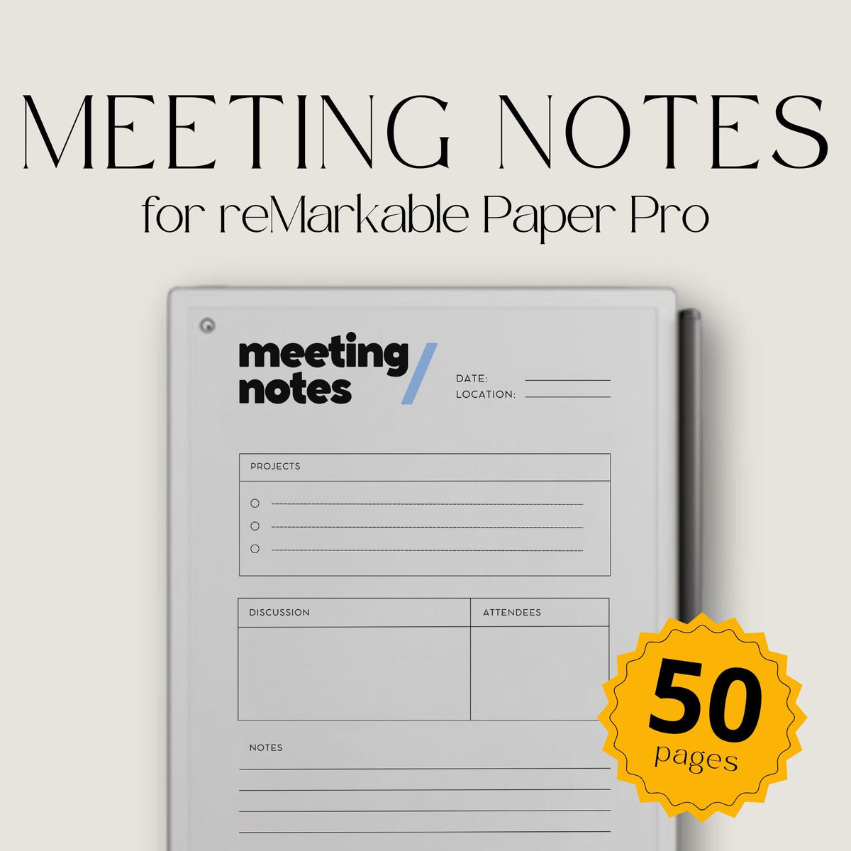 Meeting Minutes Template for reMarkable Paper Pro structured digital planner with 50 pages for meeting notes, project tracking, and professional documentation. Clean minimalist layout for organized note-taking and efficient meeting management.