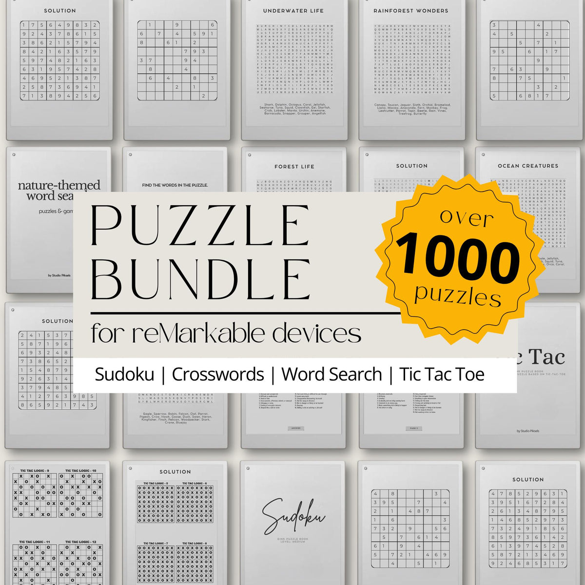Mega Puzzle Book Bundle for reMarkable cover showcasing Sudoku, Tic Tac Toe, crossword, and word search puzzle grids optimized for e-ink devices.