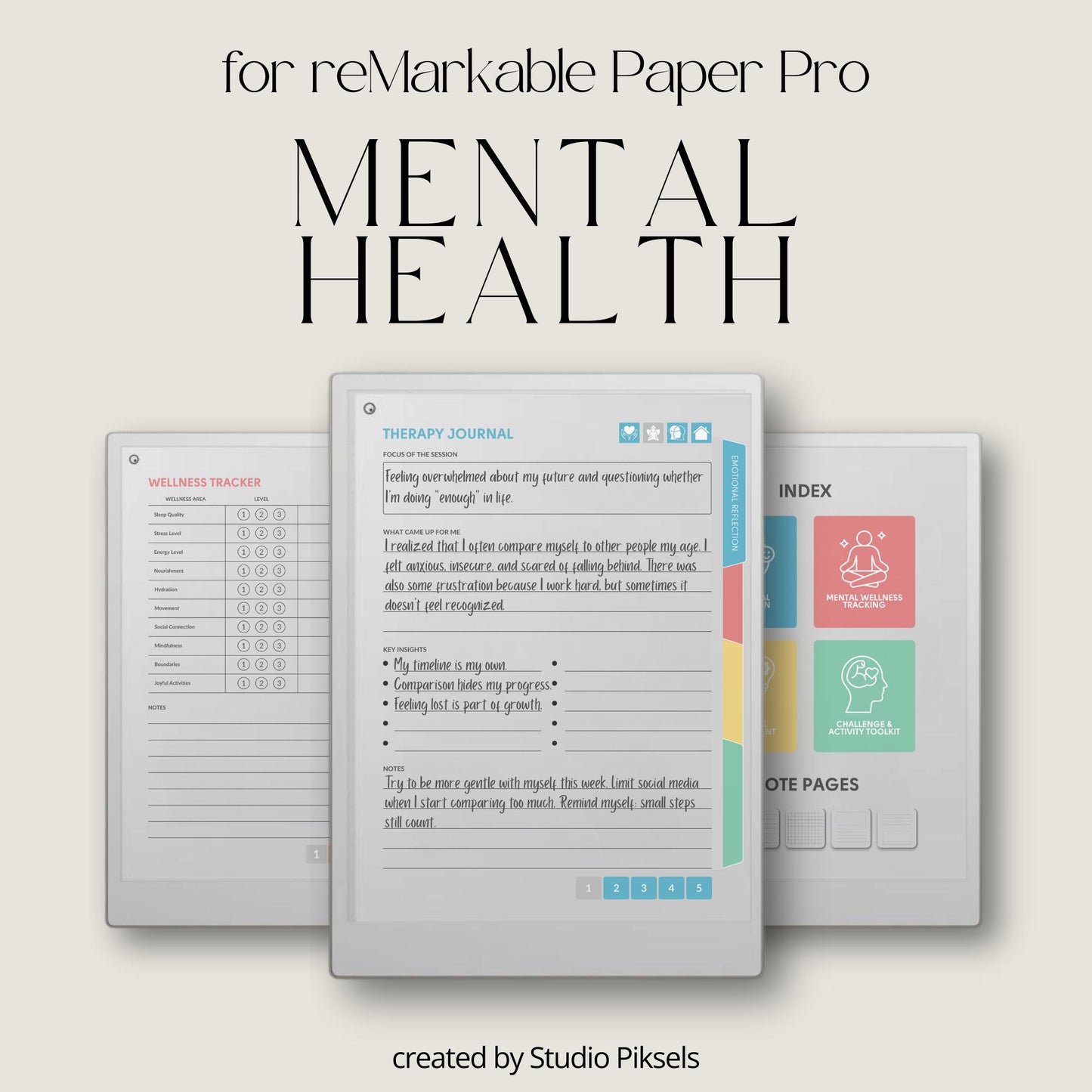 Reflect on emotions and write guided journal entries using a mental health journal on reMarkable Paper Pro.