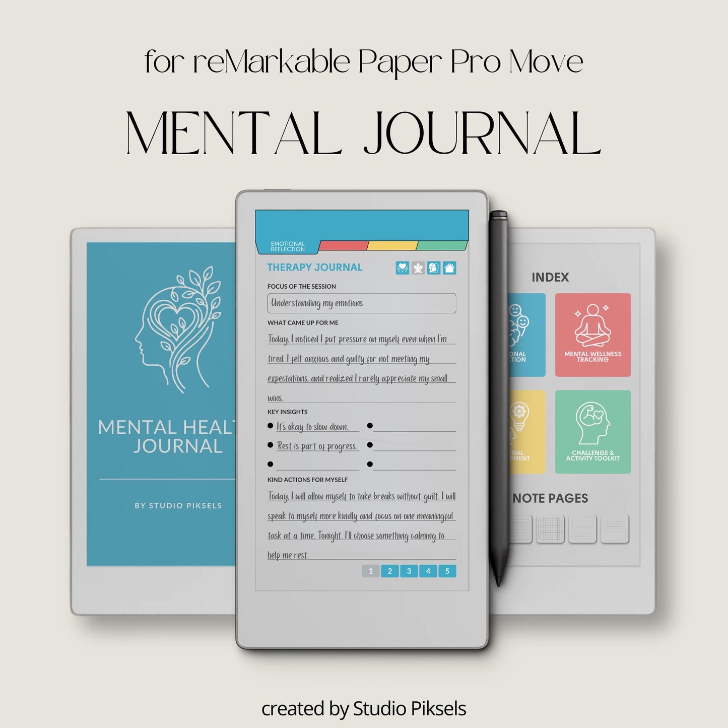 Mental health journal for reMarkable Paper Pro Move with hyperlinked reflection and wellness tracking pages.