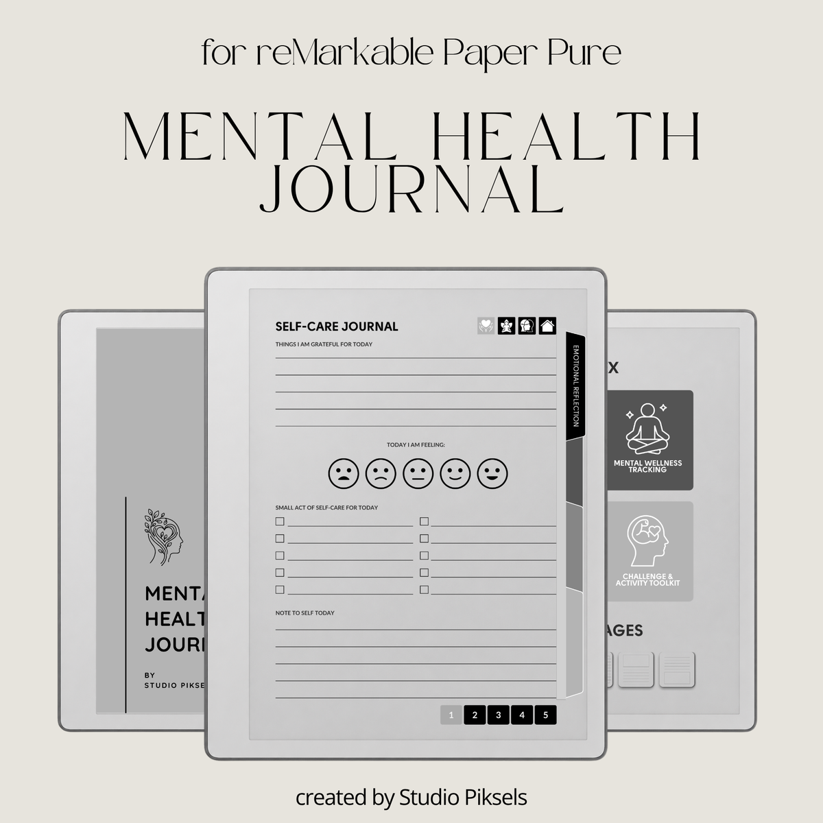 Hyperlinked Mental Health Journal for reMarkable 2 and reMarkable Paper Pure featuring emotional reflection, wellness tracking, guided journaling, and monochrome e-ink layouts.