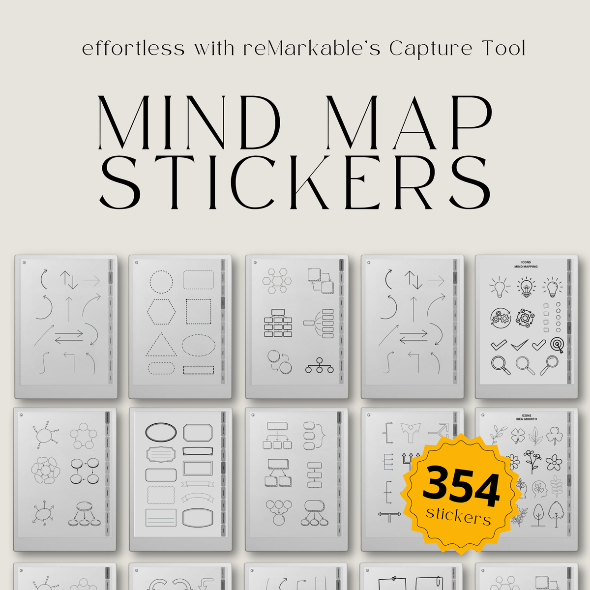 digital mind map stickers for reMarkable Paper Pro, Paper Pure, and reMarkable 2 with connectors, sticky notes, labels, icons, and emojis.