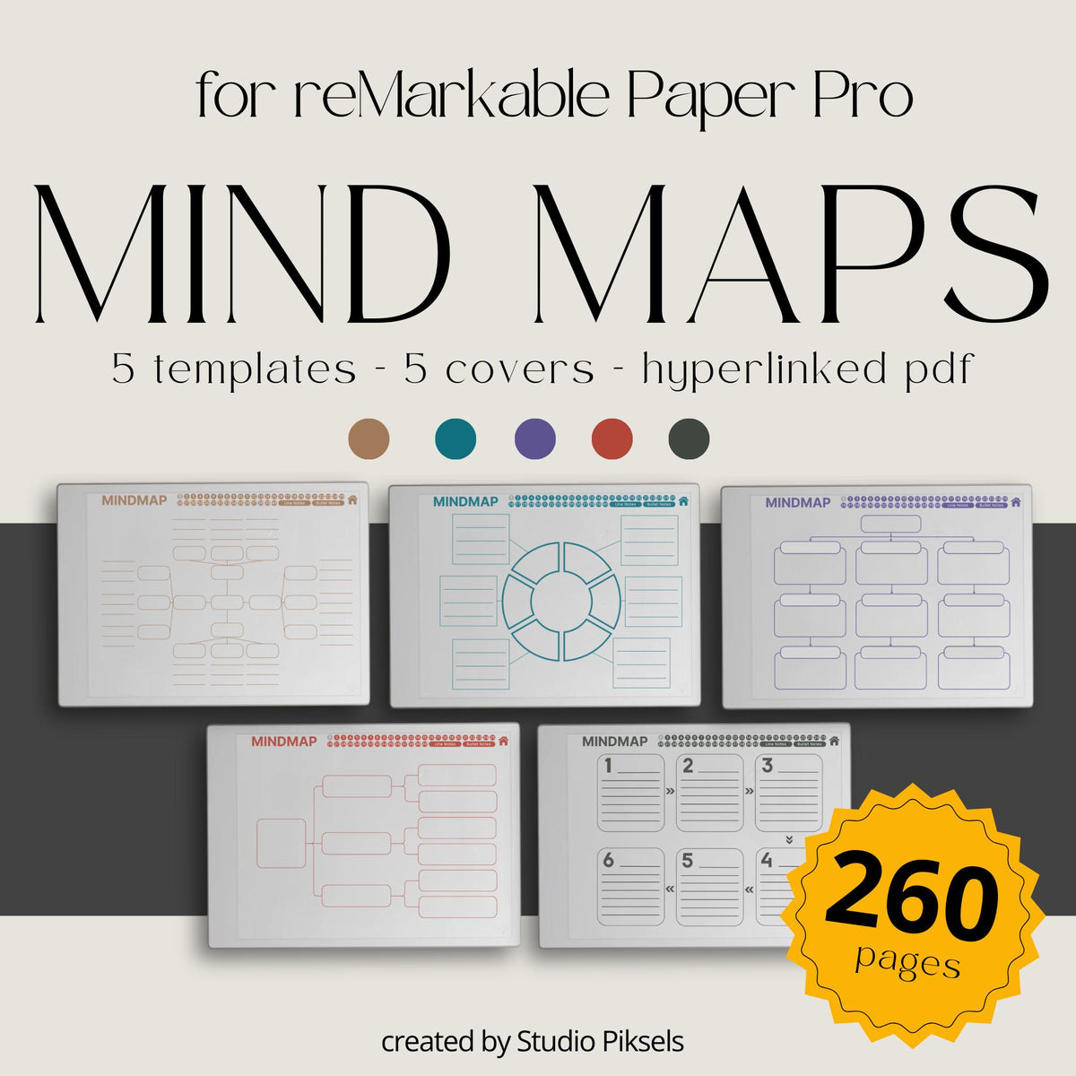 Mind Map and Idea Note for reMarkable Paper Pro with hyperlinked mind map pages, customizable index, and five color layouts.