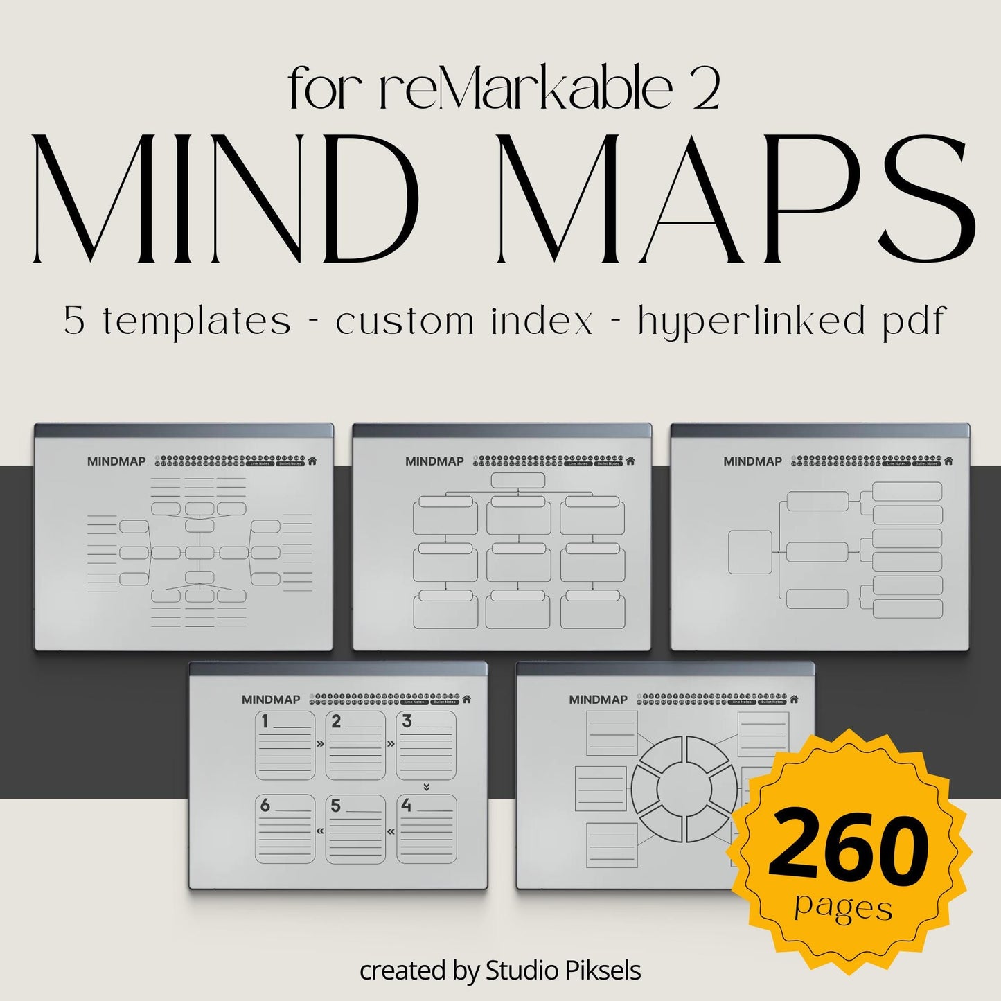 Mind Map Notebook Bundle for reMarkable 2 and reMarkable 1 with hyperlinked visual layouts and customizable index for digital brainstorming.