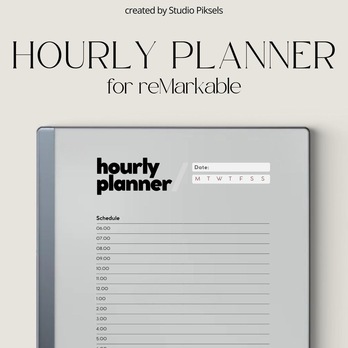 Hourly Planner for reMarkable 2 and reMarkable Paper Pure featuring minimalist hourly scheduling pages, reusable undated layouts, and digital notes sections