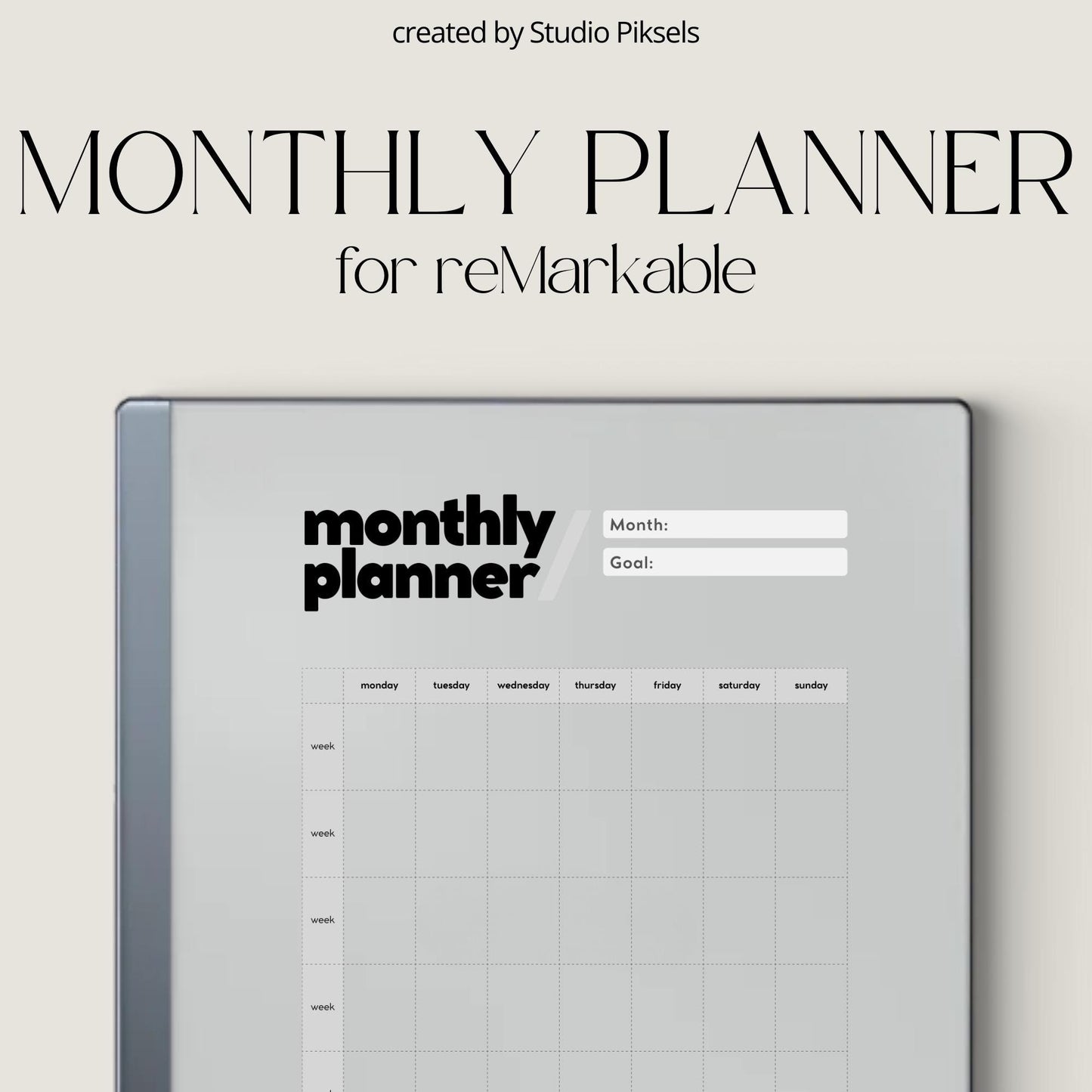 Reusable monthly planner for reMarkable Paper Pure and reMarkable 2 with undated calendar and minimalist notes layout