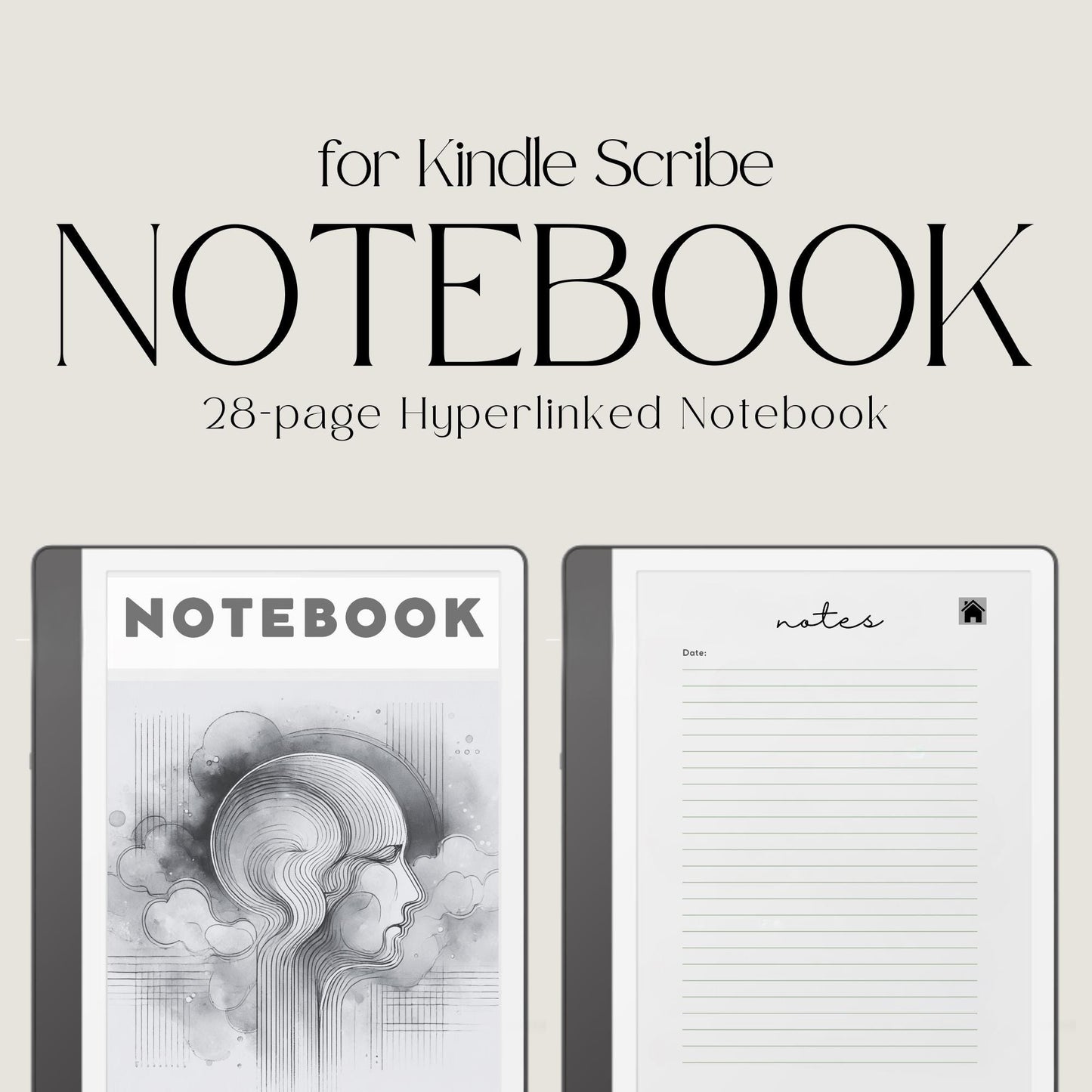 Hyperlinked Notebook for Kindle Scribe with lined digital note-taking pages, watercolor cover design, and clickable index navigation.