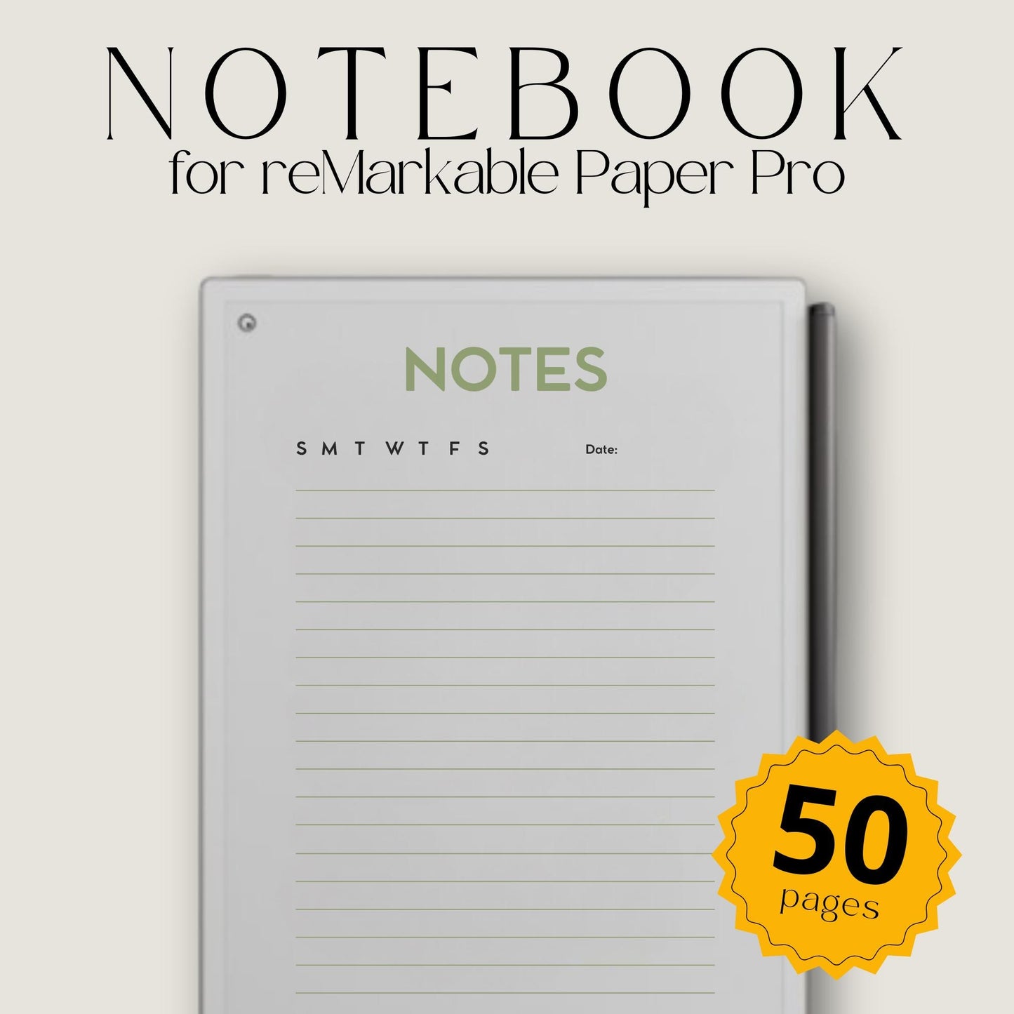 Minimalist Notebook for reMarkable Paper Pro with 50 clean note pages and simple date layout for daily note taking.