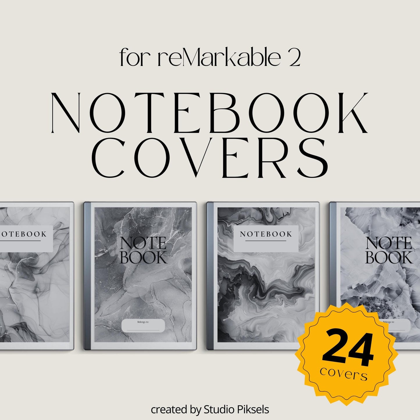 Monochrome marble notebook covers for reMarkable 2 and reMarkable Paper Pure with elegant grayscale PDF designs.