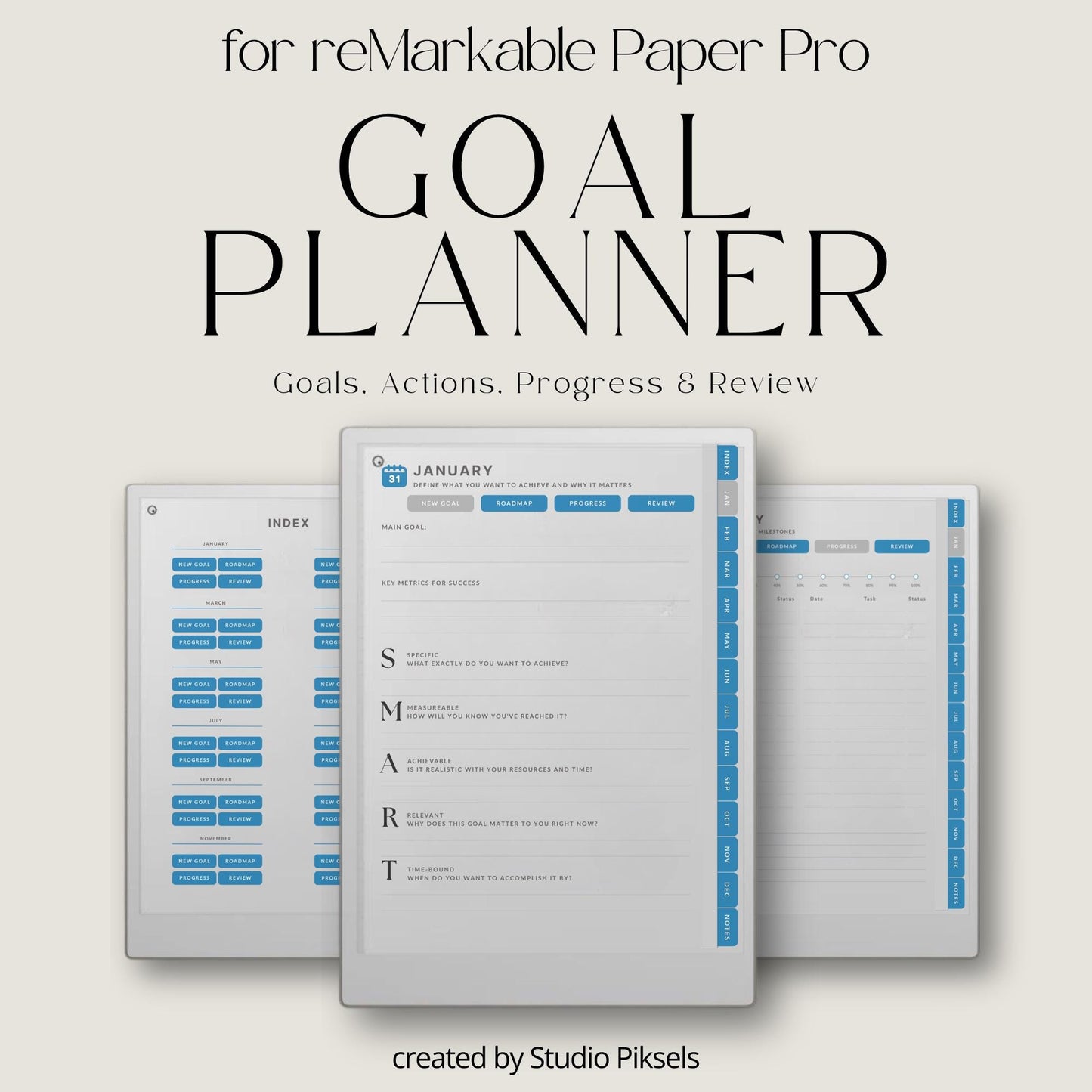 Goal planner for reMarkable Paper Pro with hyperlinked monthly planning and progress tracking pages.