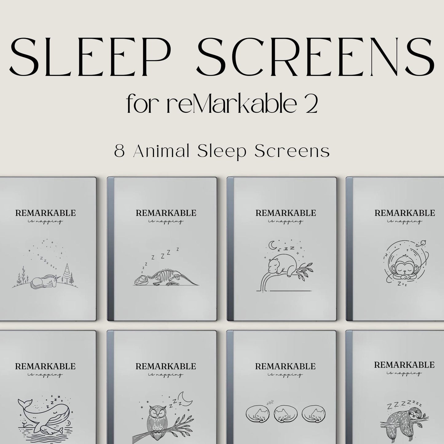 Napping animals sleep screen bundle for reMarkable 2 and reMarkable Paper Pure with cute sleeping animal line art PNG designs
