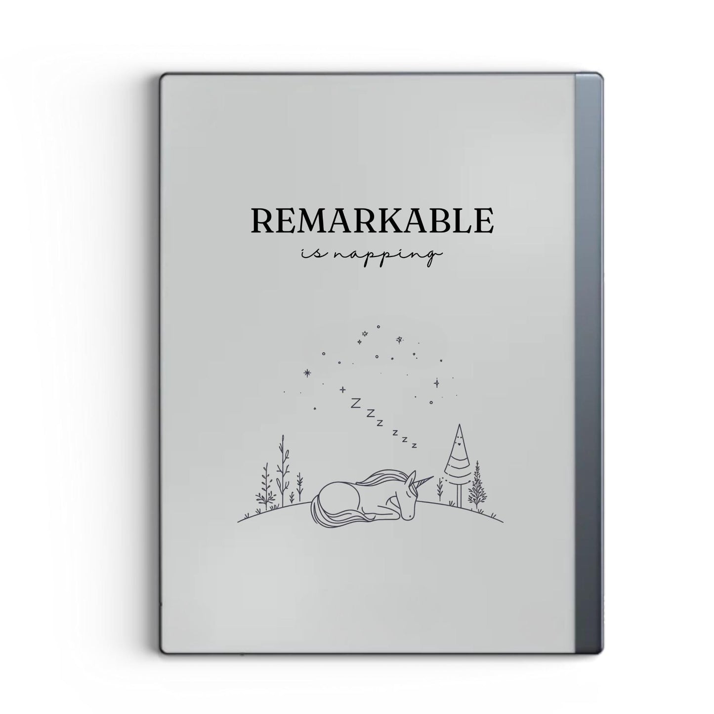 Napping unicorn sleep screen for reMarkable 2 and reMarkable Paper Pure with cute fantasy unicorn artwork in PNG format